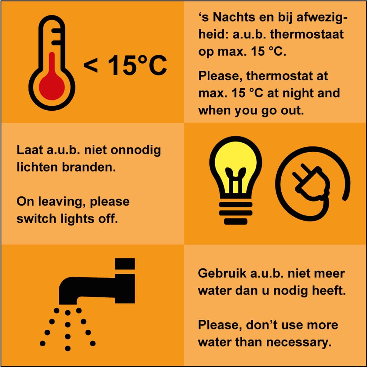 Energie besparen tekststicker, NL-EN 200 x 200 mm