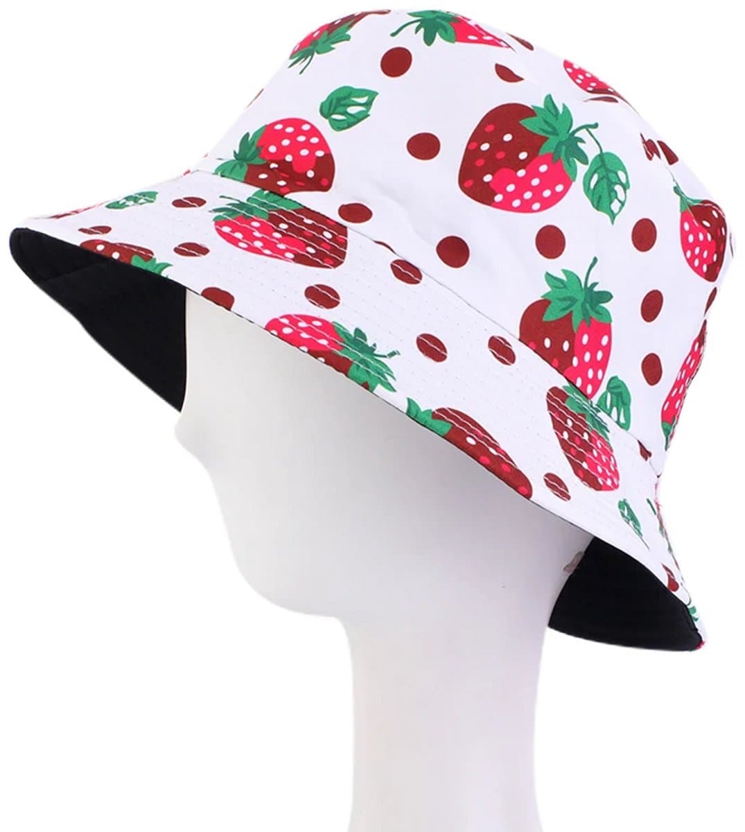 Bucket Hat - Omkeerbaar Vissershoedje - Dubbellaags - Aarbeien Wit - Reversible naar Zwart - Maat 58 cm - Heren - Dames - Festival Accessoire - Festivalhoedje - Regenhoedje - Zonnehoedje - Emmerhoed - Hoed - Unisex