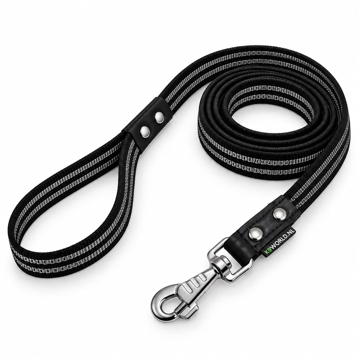 K9World by van der Veeke, Nylon Hondenriem met Handvat – 1,5 meter lang - 18 mm – Rubber Antislip Grip – Sterke Trainingsriem – Handgemaakt - Verchroomde Musketon
