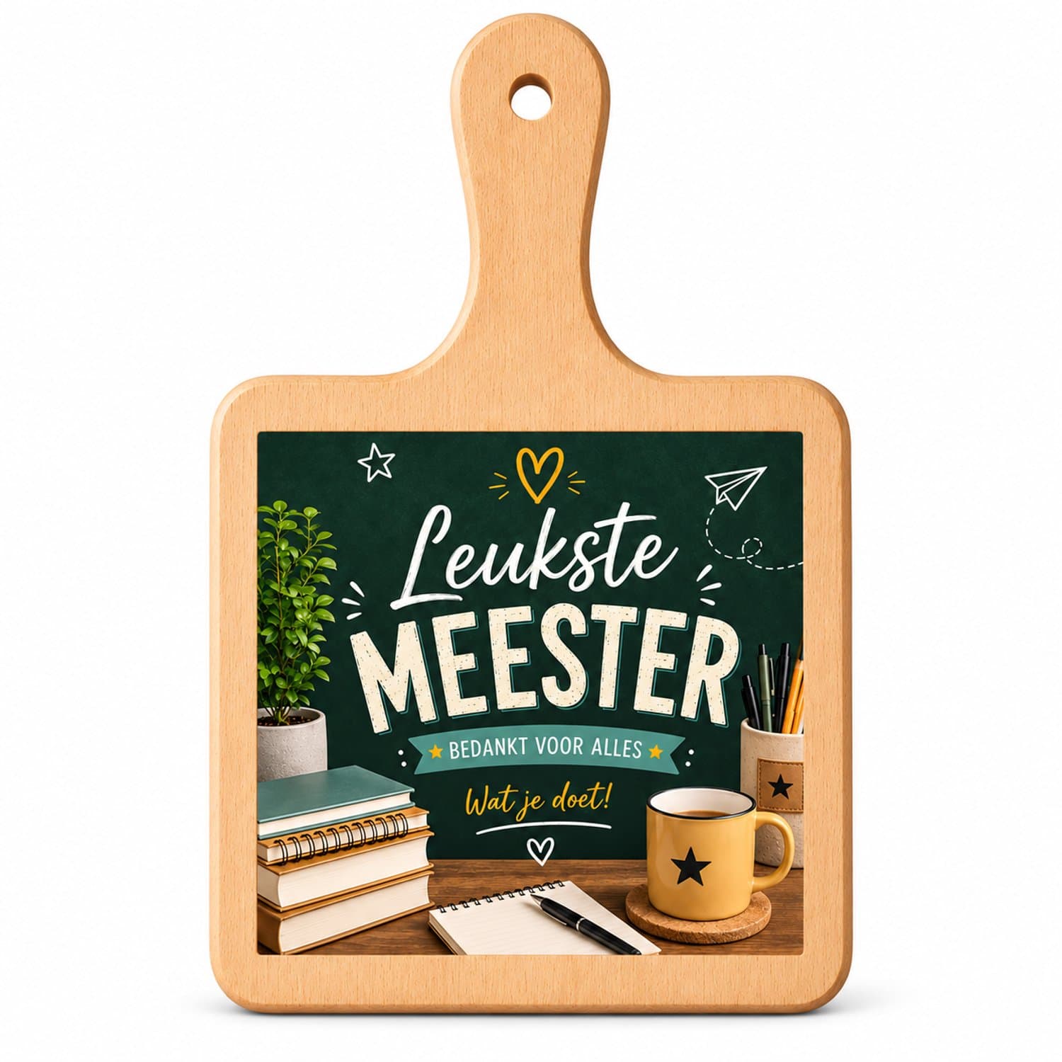 Kaasplank Leukste Meester – Houten Serveerplank met Tegel 15x15 cm – Bedankje voor Meester – Plank 18x31 cm