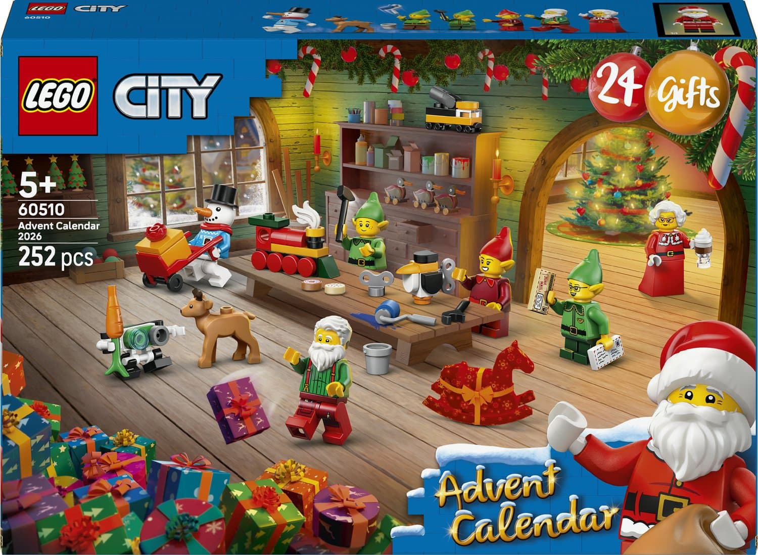LEGO® City Adventskalender 2026 - Werkplaats van de Kerstman - Minifiguren van de Kerstman, Kerstvrouw, 3 Elfen en een Sneeuwpop - Babyrendierfiguur - 24 Verrassingen - Kerstcadeau voor Kinderen Vanaf 5 Jaar - 60510