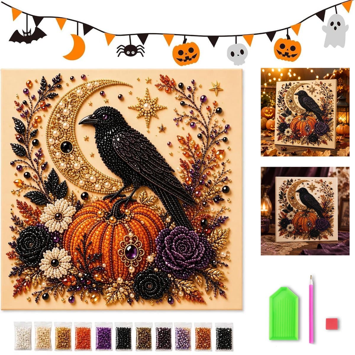 KZQ 3D Parelkunst DIY Set - Raaf - 20x20 cm - Beginnersvriendelijk - Complete Set Met Parels & Gereedschap - Halloween Wanddecoratie