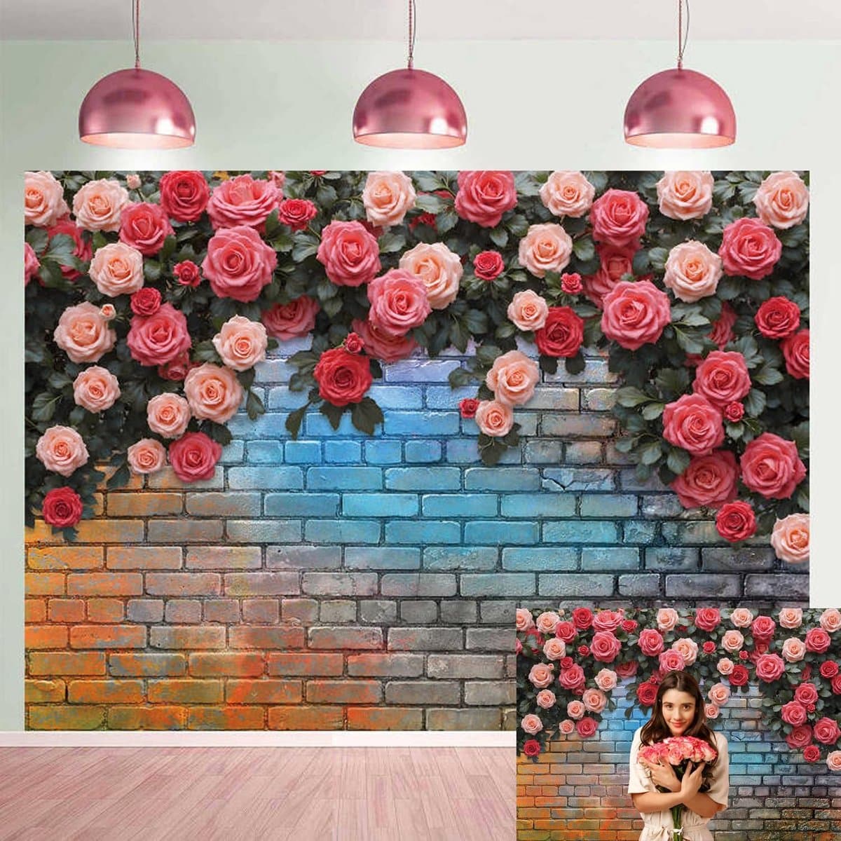 Bakstenen muur bloemen achtergrond lente roze bloem fotografie-achtergrond voor Valentijnsdag bruiloft bruidsdouche verjaardagsfeestje decoratiebenodigdheden (214 x 152 cm)