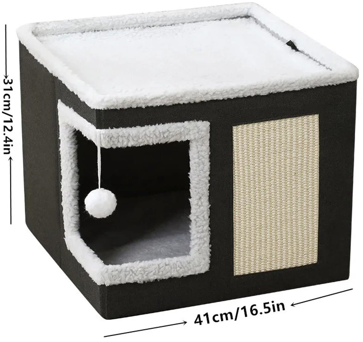 Niamora Kattenbed - Kattenkussen - Kattenbedje - Kattenligbed - Binnenkatten - Opvouwbare kattenschuif met hangende pluizige bal en krabkussen.