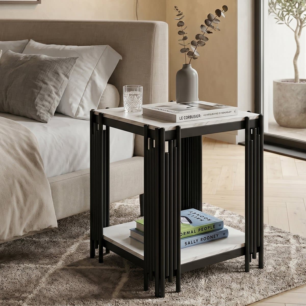 Modern nachtkastje met 2 planken - zwart metalen frame, marmerlook, wit & zwart, H55/B43/T40 cm