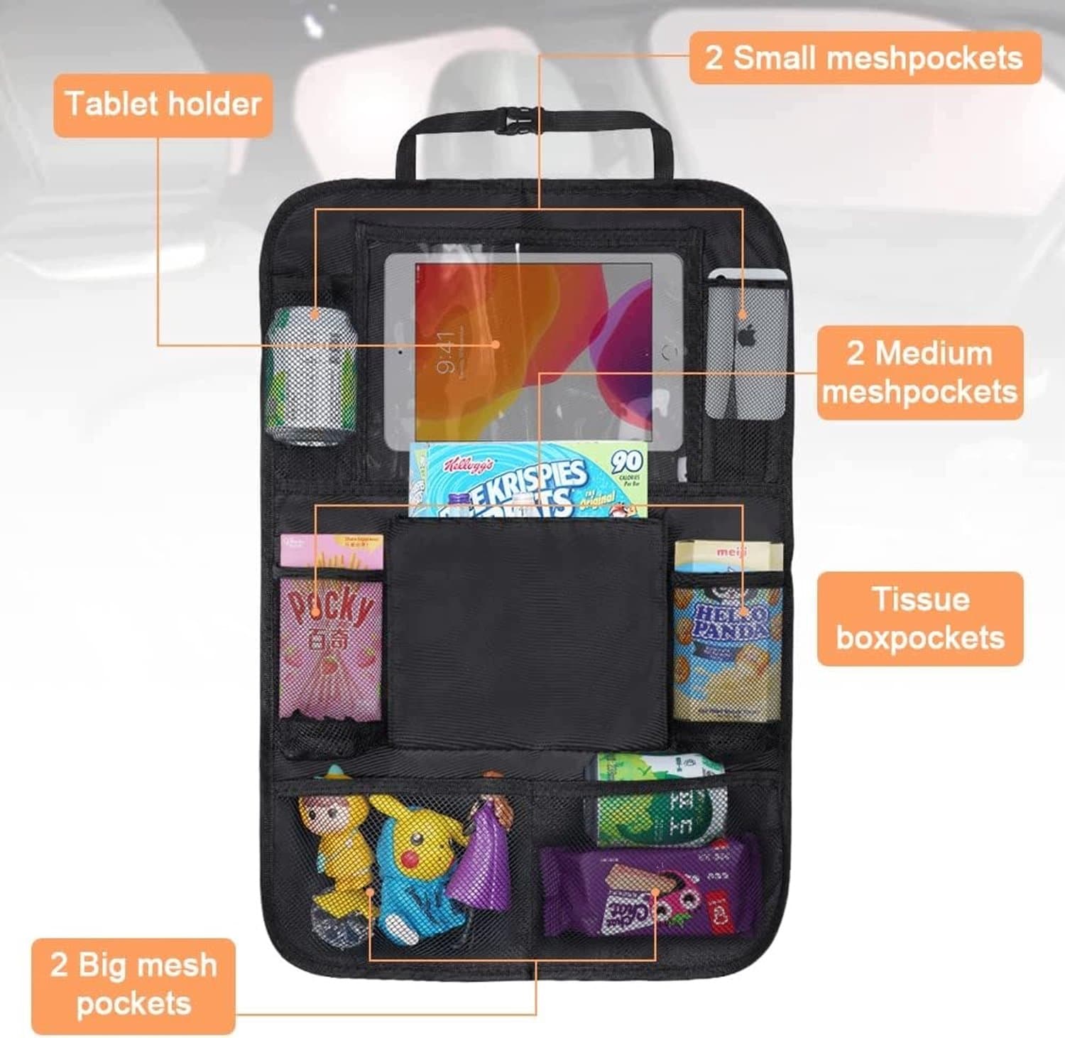 Autostoel Organizer met Tablethouder - 61x42cm, 8 Vakken