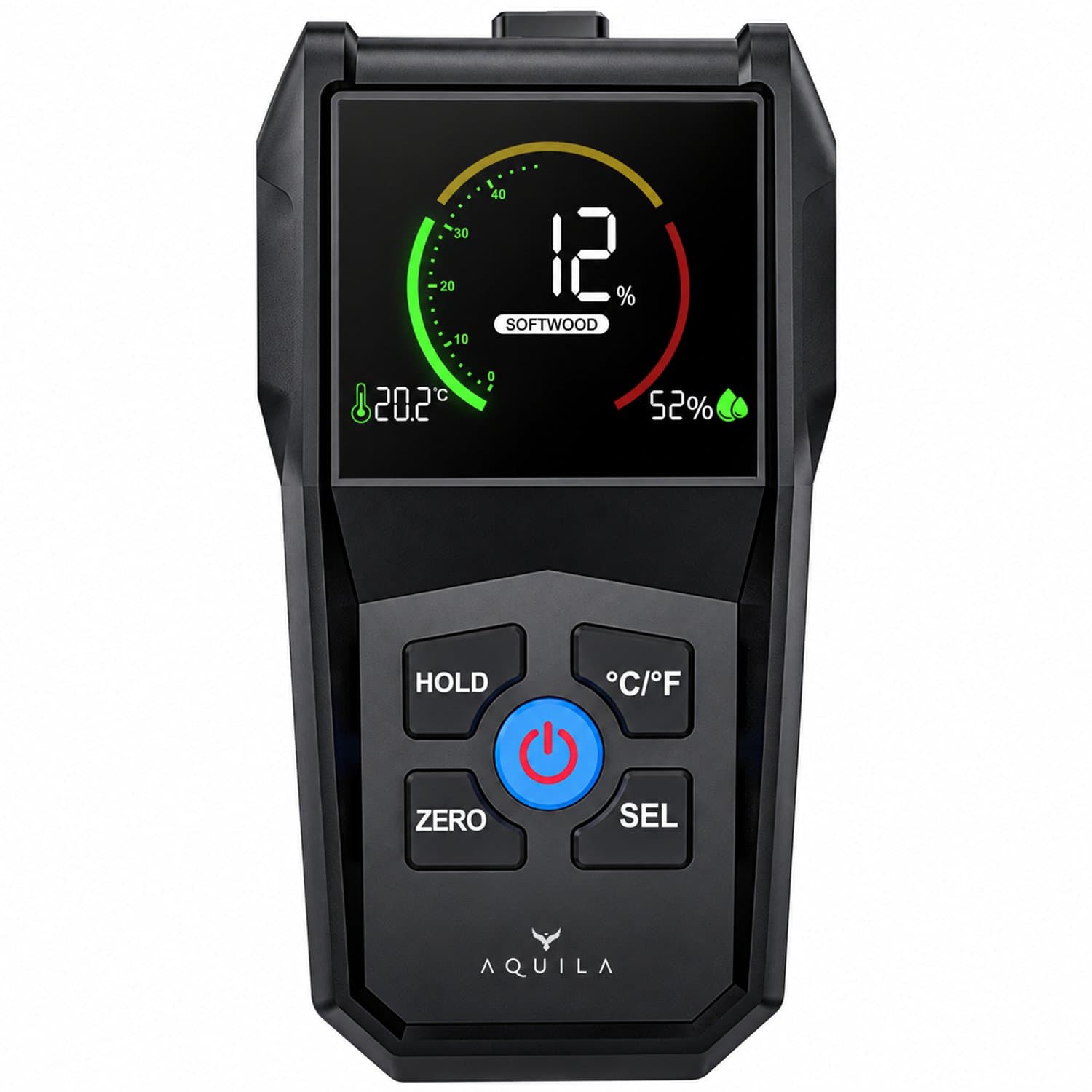 Aquila Vochtmeter Muren & Hout - Hygrometer Binnen Digitaal - Pinloze Houtvochtmeter - Vochtigheidsmeter voor in Huis - Caravan, Haardhout & Gipsplaat - Alarm - CE-gecertificeerd - Incl. Batterijen & Opbergtasje