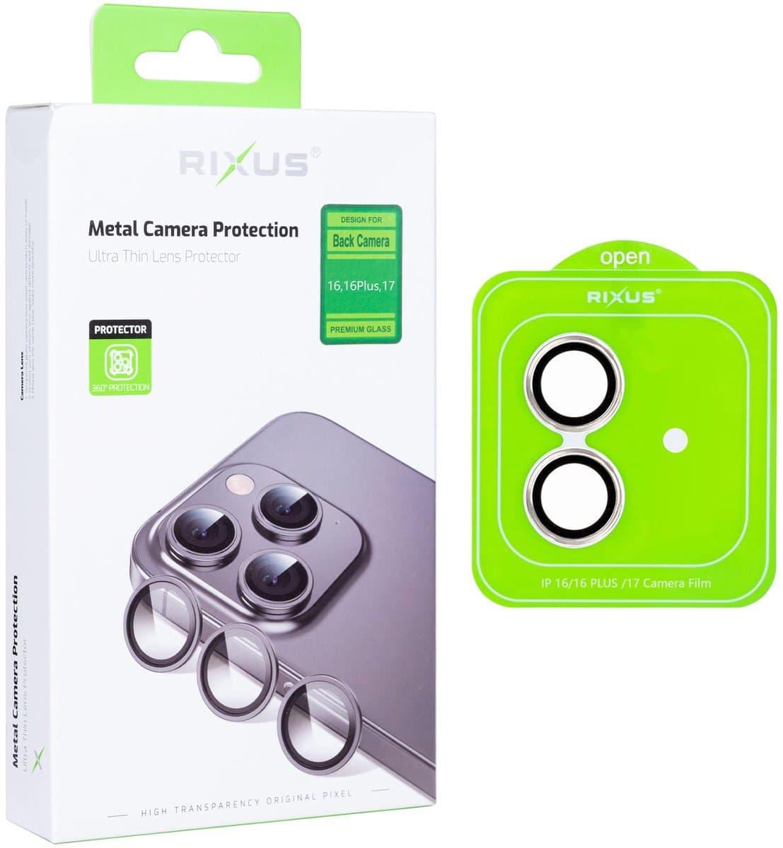 Rixus Metal Shield Camera Tempered Glass For Apple iPhone 16, 16 Plus, 17 Silver