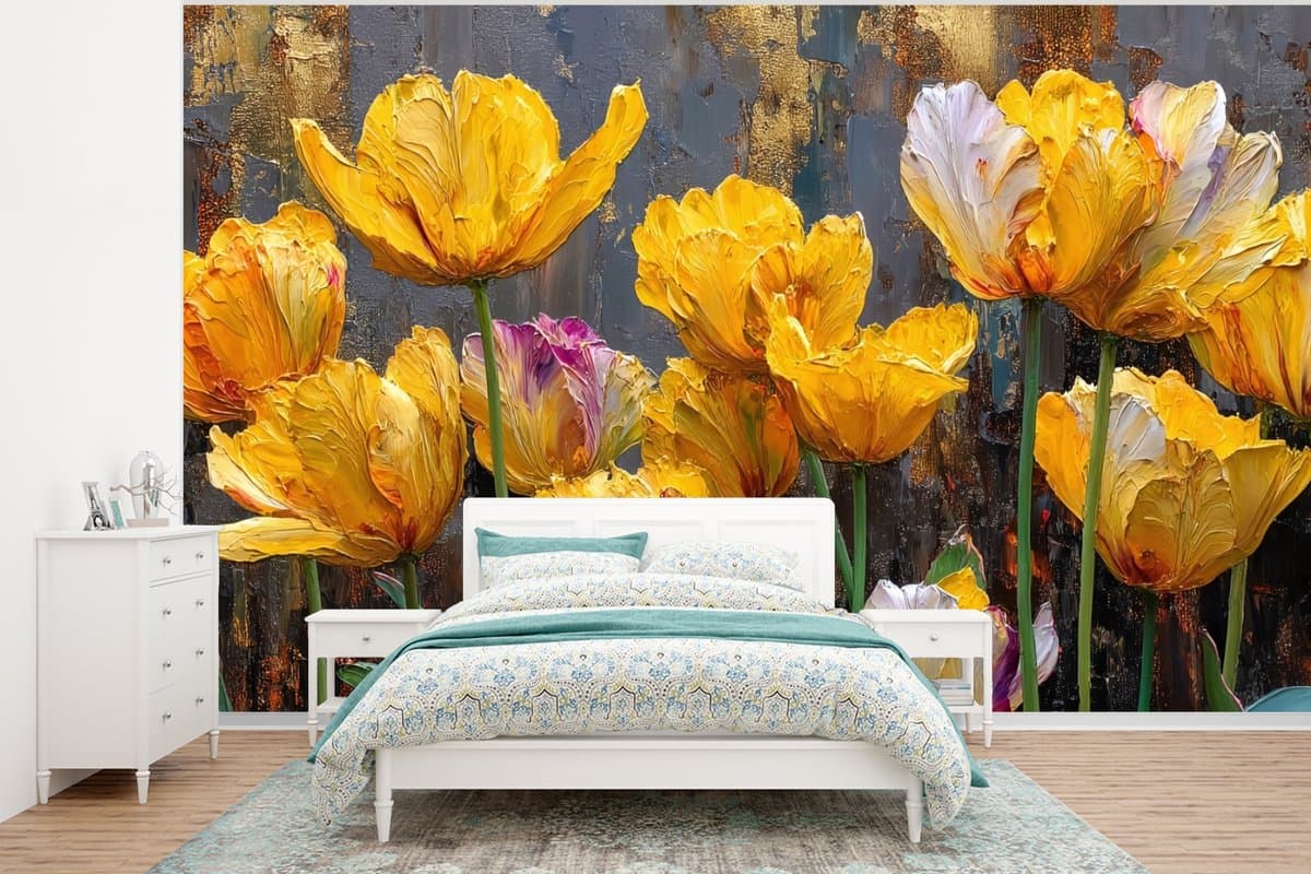 Behang - Fotobehang Tulpen - Geel - Penseelstreken - Abstract - Breedte 400 cm x hoogte 300 cm