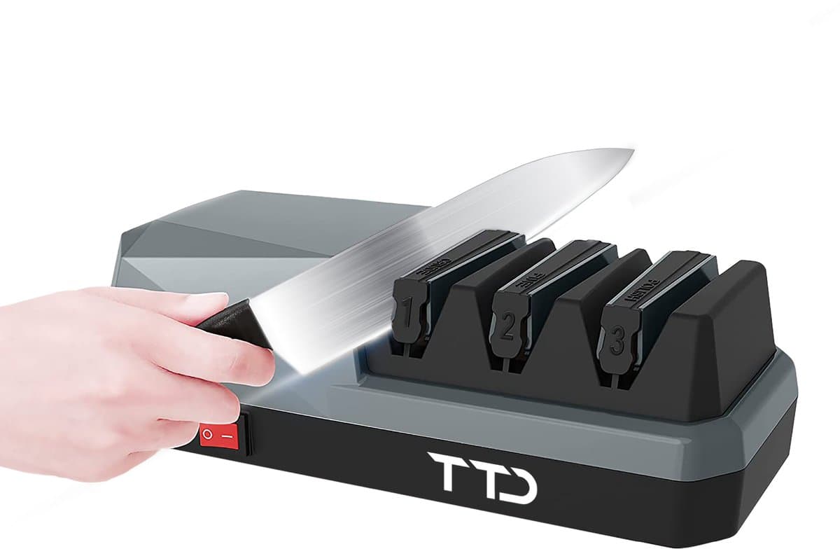 TTD® Premium Messenslijper Elektrisch - 3 Standen - Voorbewerken, Slijpen en Polijsten - Antislip - Doortrekslijper - Knife Sharpener - Aanzetstaal voor Messen