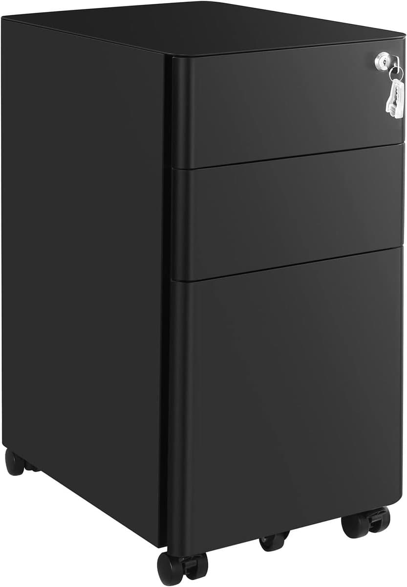 Conway Living® - Luxe Stalen Ladeblok Op Wielen - Met Slot - Verrijdbare Archiefkast Kantoor Kast - Mobiele Hangmap Bureau Kast - Afsluitbaar - 3 Laden - Zwart - 46x30x59 cm