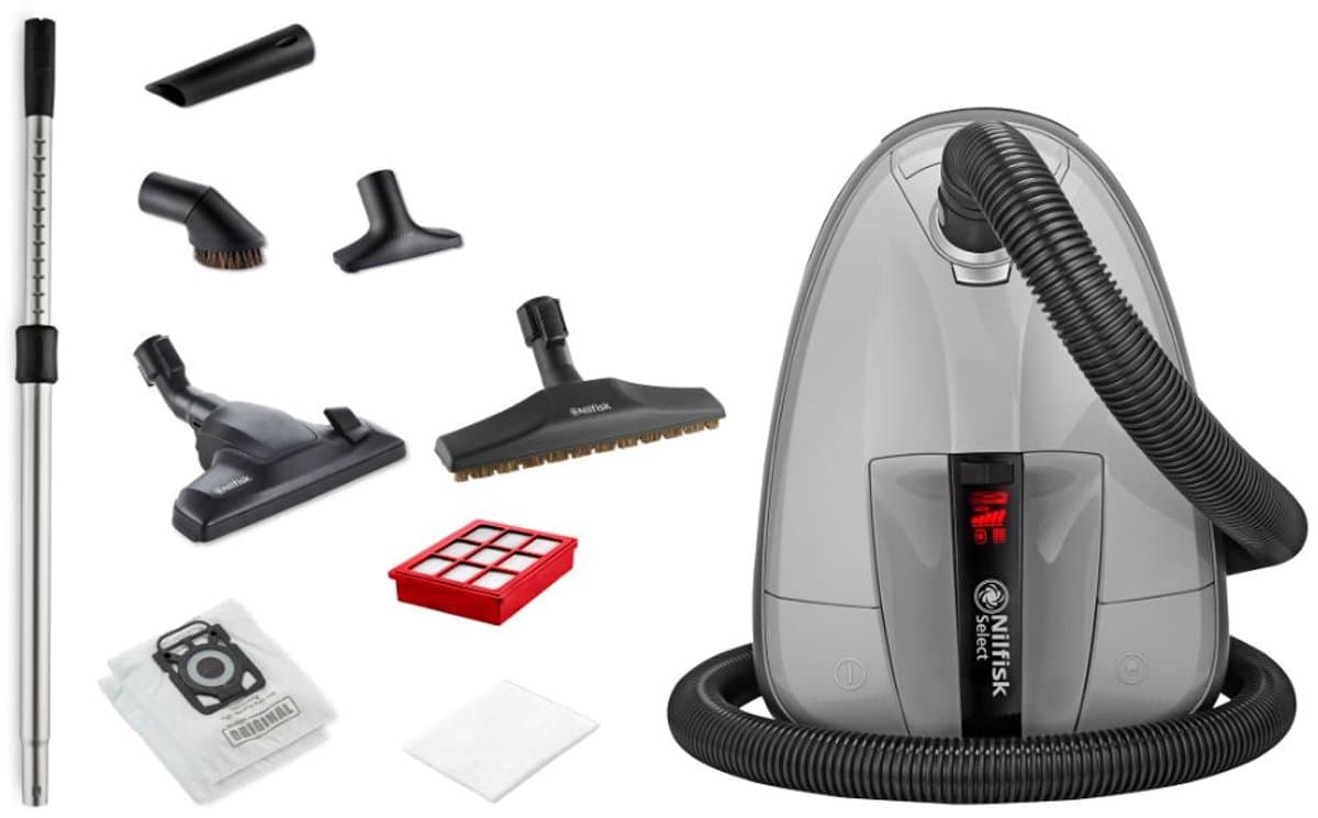 Nilfisk Select – Energiezuinige stofzuiger met zak, 650 W motor, HEPA 13-filter, stille werking, modern design, complete accessoireset en 10 jaar garantie