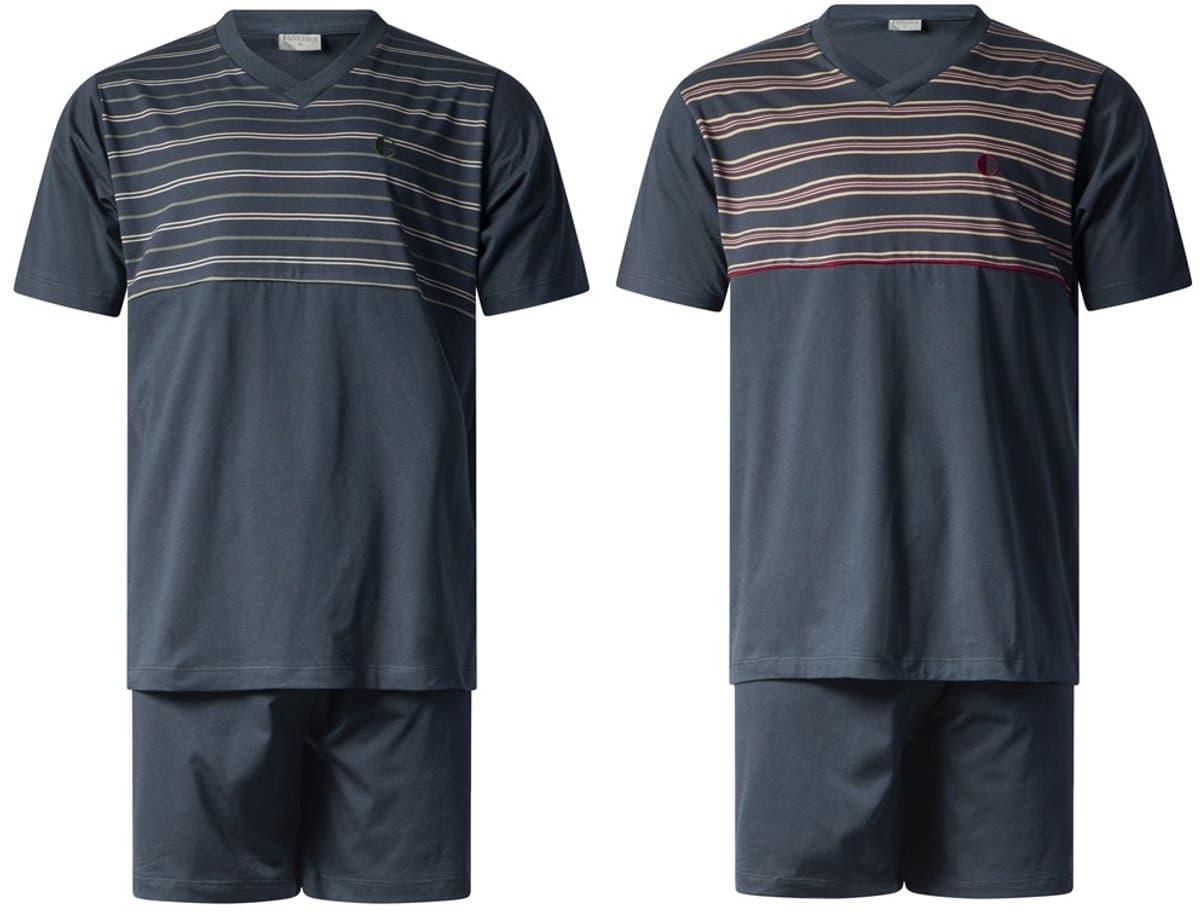 Gentlemen - 2 heren shortama's - korte pyjamasets - 100% katoen - V-hals - navy green/navy-red - maat XXL