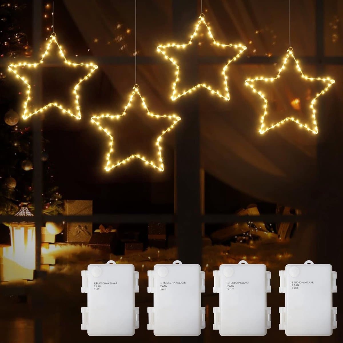 DreiWasser Verlichte LED Sterren Voor Ramen – 4 Stuks Warm Wit - 240 LED's - Met Timer En Batterijen - Perfecte Kerstdecoratie Voor Binnen En Buiten