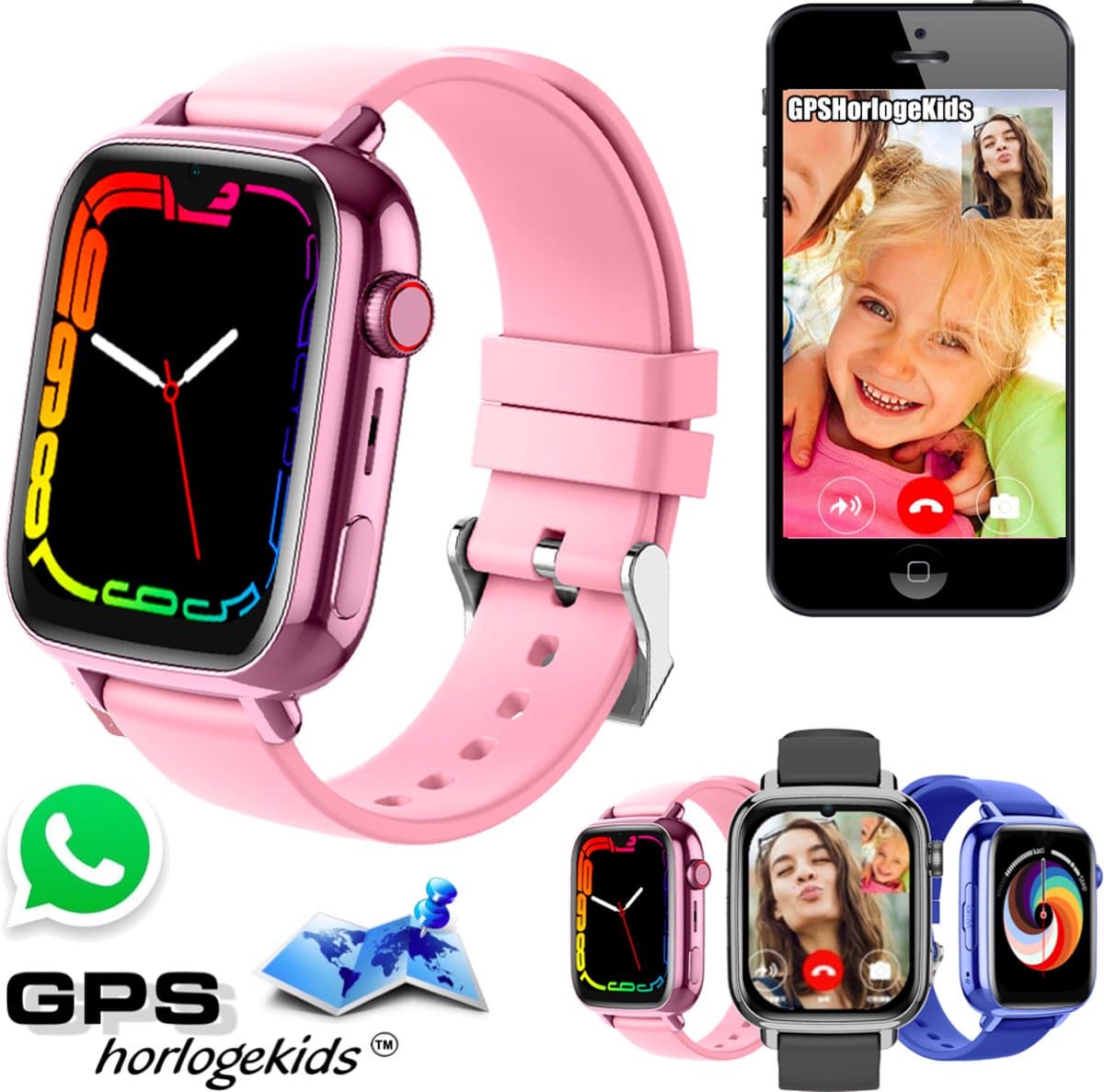 GPSHorlogeKids© - GPS horloge kind - smartwatch kinderen - WhatsApp - 4G videobellen - SOS alarm - TikTok - Google Assistant - facebook - smartwatch kind - nieuw 2025 - incl SIM – model Flux Roze