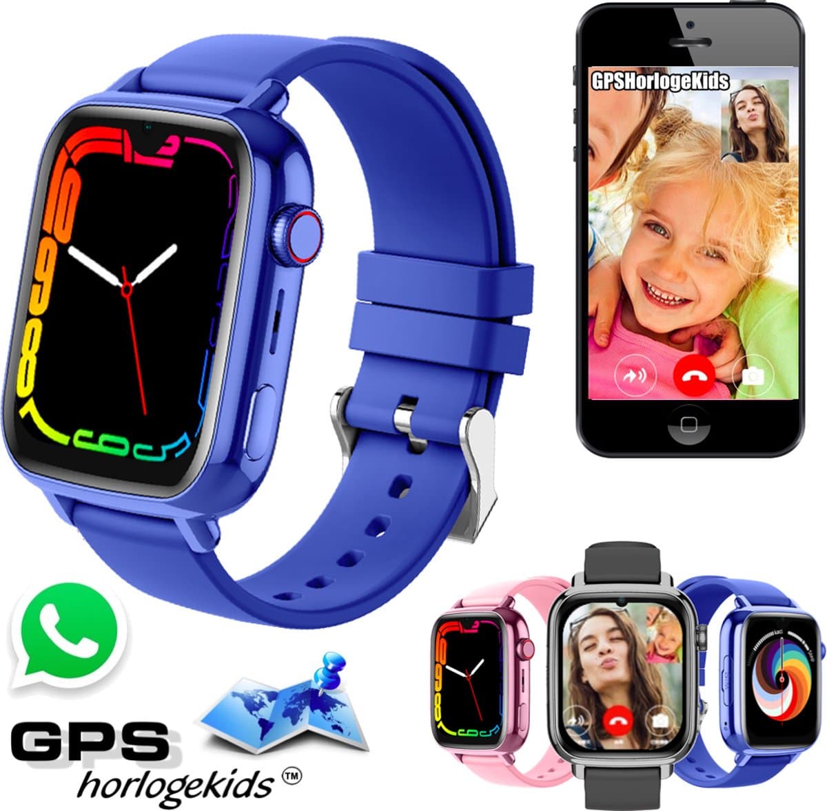 GPSHorlogeKids© - GPS horloge kind - smartwatch kinderen - WhatsApp - 4G videobellen - SOS alarm - TikTok - Google Assistant - facebook - smartwatch kind - nieuw 2025 - incl SIM – model Flux Blauw
