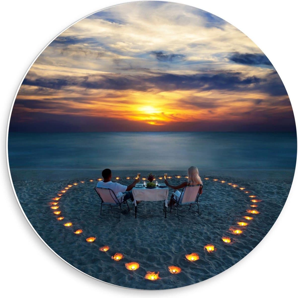 KuijsFotoprint - Schilderij - Romantische Date Het Strand - Blauw, Bruin, Geel En Oranje - 50 X 50 Cm