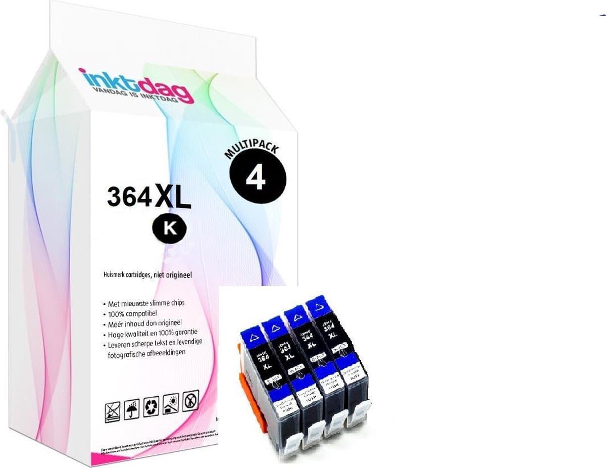 Inktdag inktcartridge voor HP364XL zwart, hp364xl zwart inktcartridges multipack van 4 stuks voor HP Photosmart 5510 ,5514, 5515 ,5520 ,5522 ,5524 ,5525 ,6510 ,6520 ,6525 ,7510, 7520 ,B109n , B110 ,B209a ,B210, B8550 ,C5380 ,C6380 ,D5460