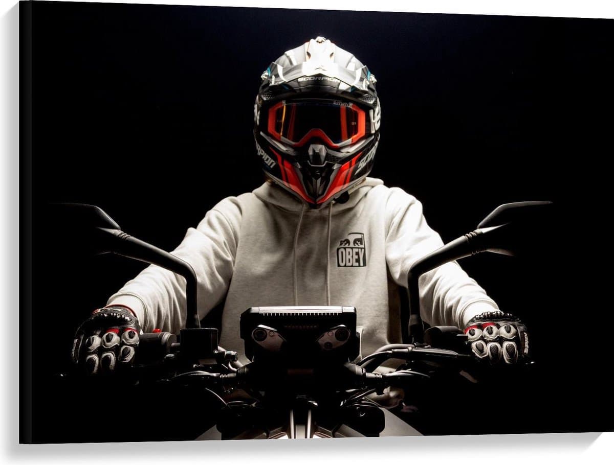 Canvas - Man op Motor - 100x75cm Foto op Canvas Schilderij (Wanddecoratie op Canvas)