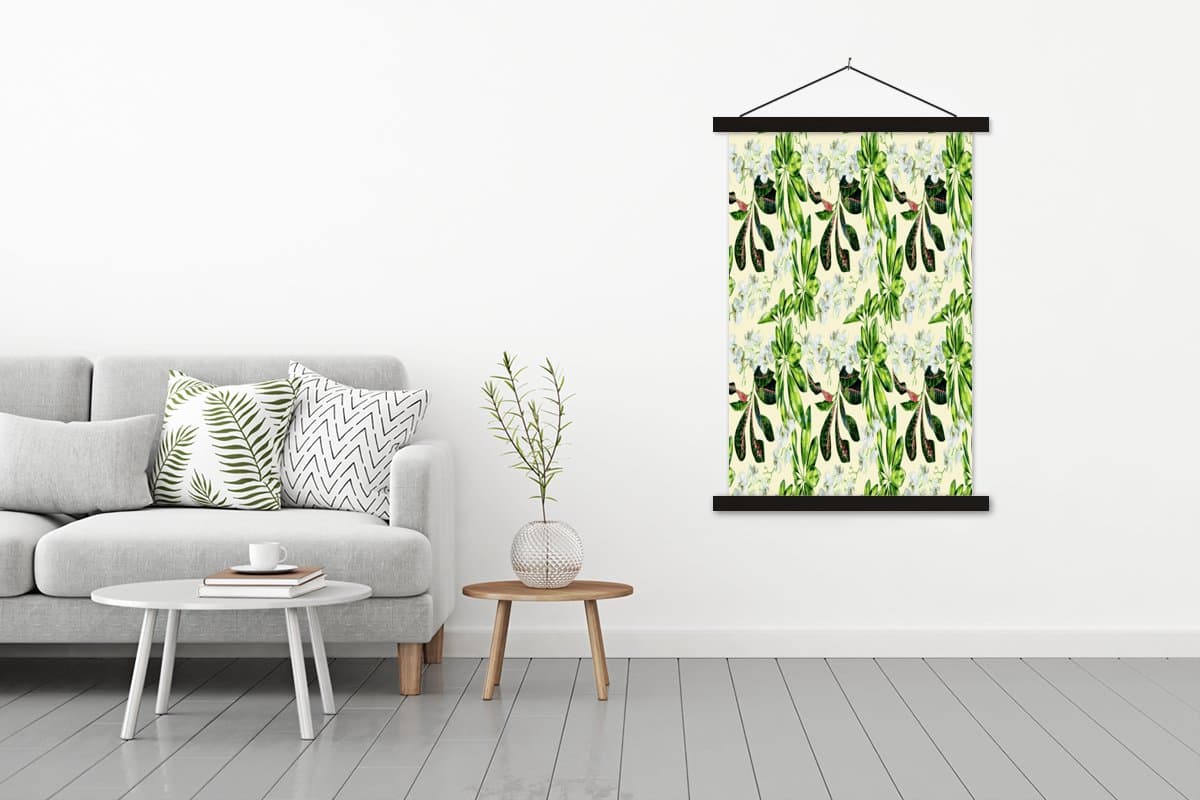 Posterhanger incl. Poster 120x180 cm - Schoolplaat - Bloemen - Orchidee - Bladeren - Kleuren - Textielposter - Zwarte latten