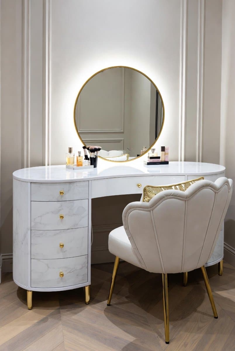Luxe Multifunctionele Make-uptafel met Spiegel en Kruk 100 cm – Kaptafel met Granieten Blad, Opbergruimte en Nachtkastfunctie – Wit – Medahomestore