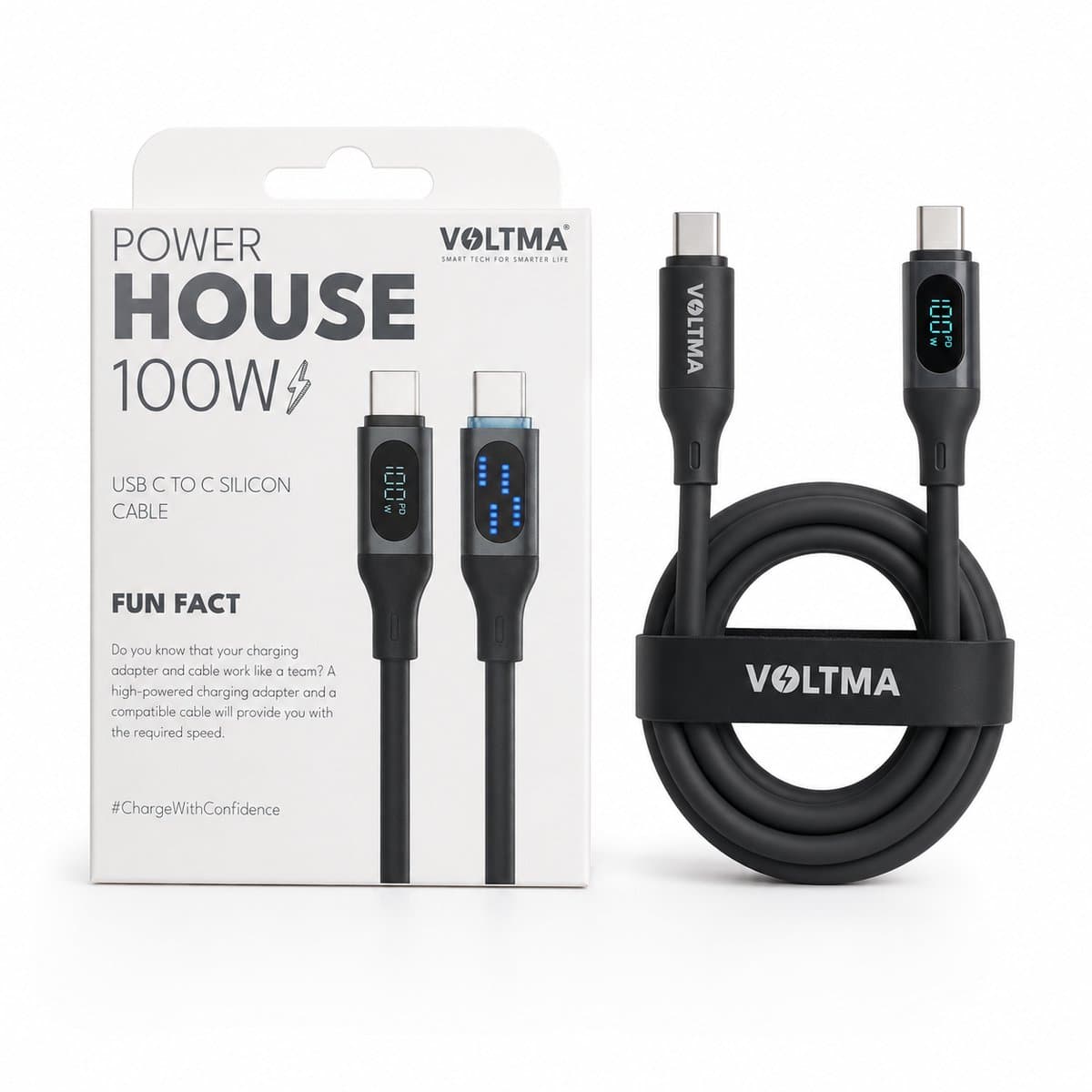VOLTMA Power House USB-C naar USB-C Kabel 100W - 1.2 Meter - LED Display - Siliconen Oplaadkabel - Zwart