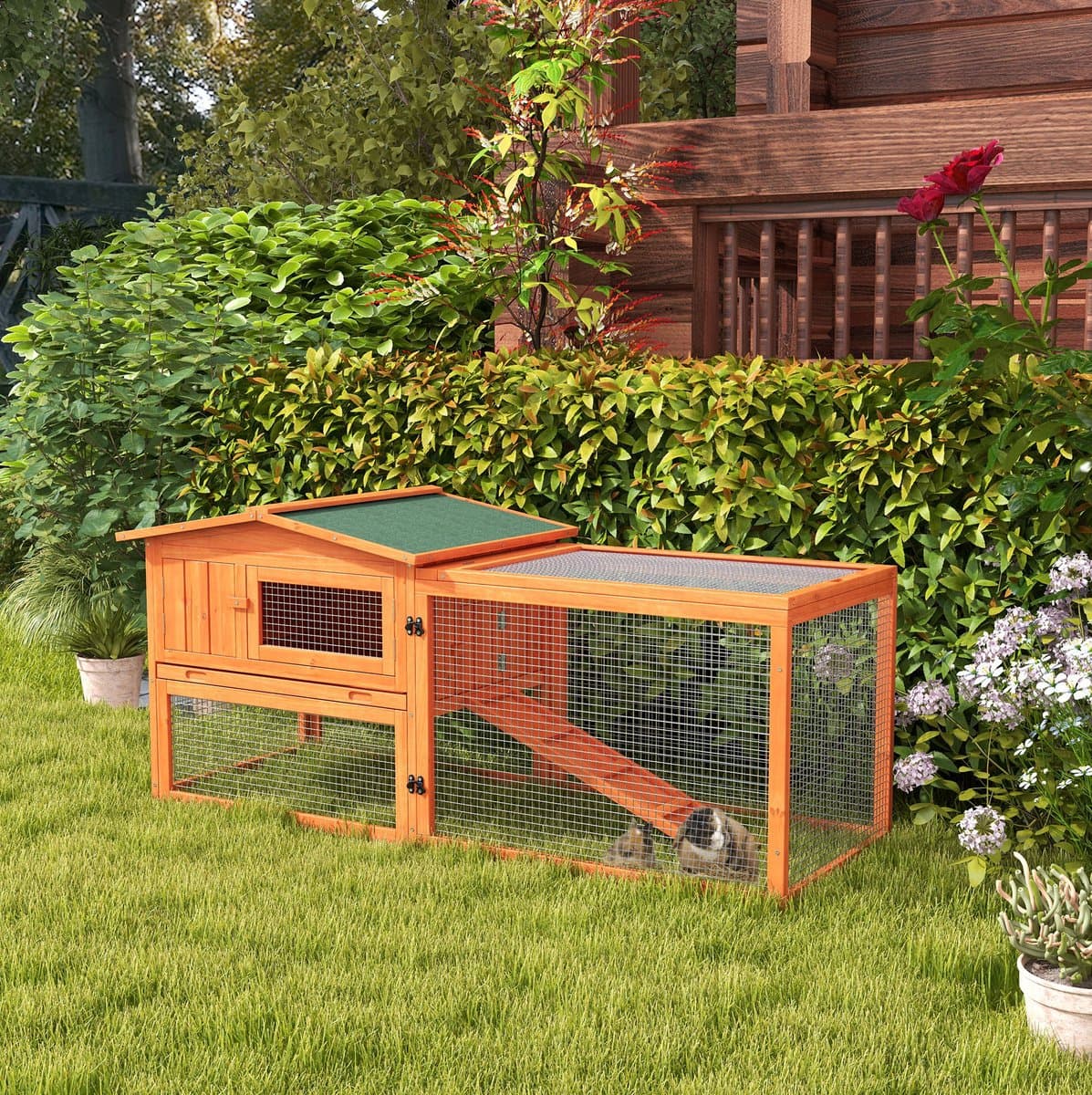 Kleintierstall 156x58x68 cm oranje, van hout met freigehege en bodemlade