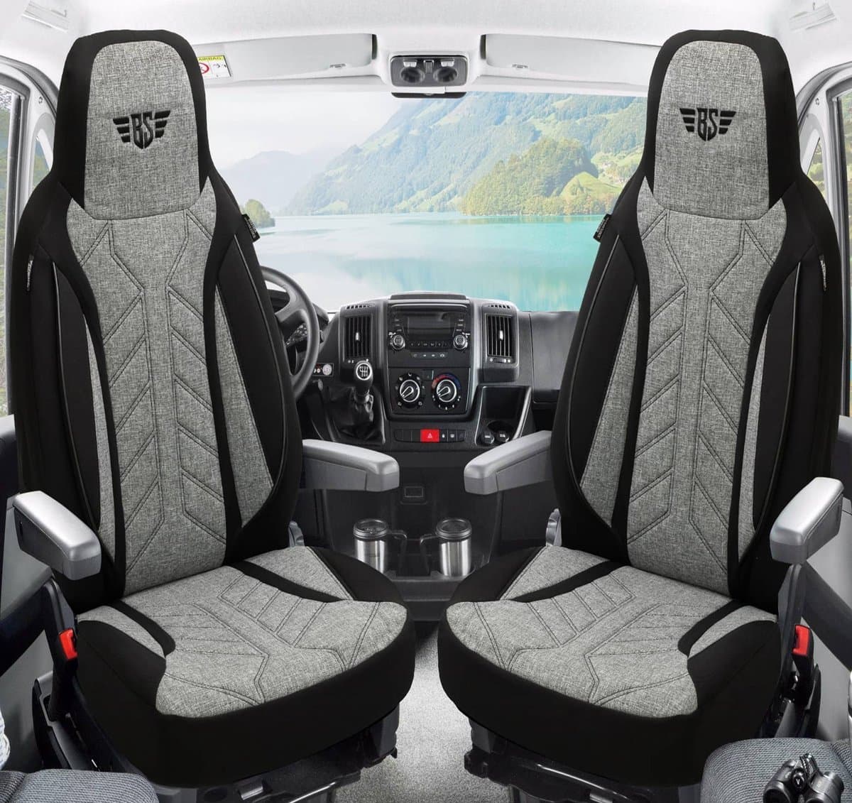 Premium Camper stoelhoezen voor Hymer Ayers Rock PLKT201 in Zwart/Grijs (2 losse stoelen)
