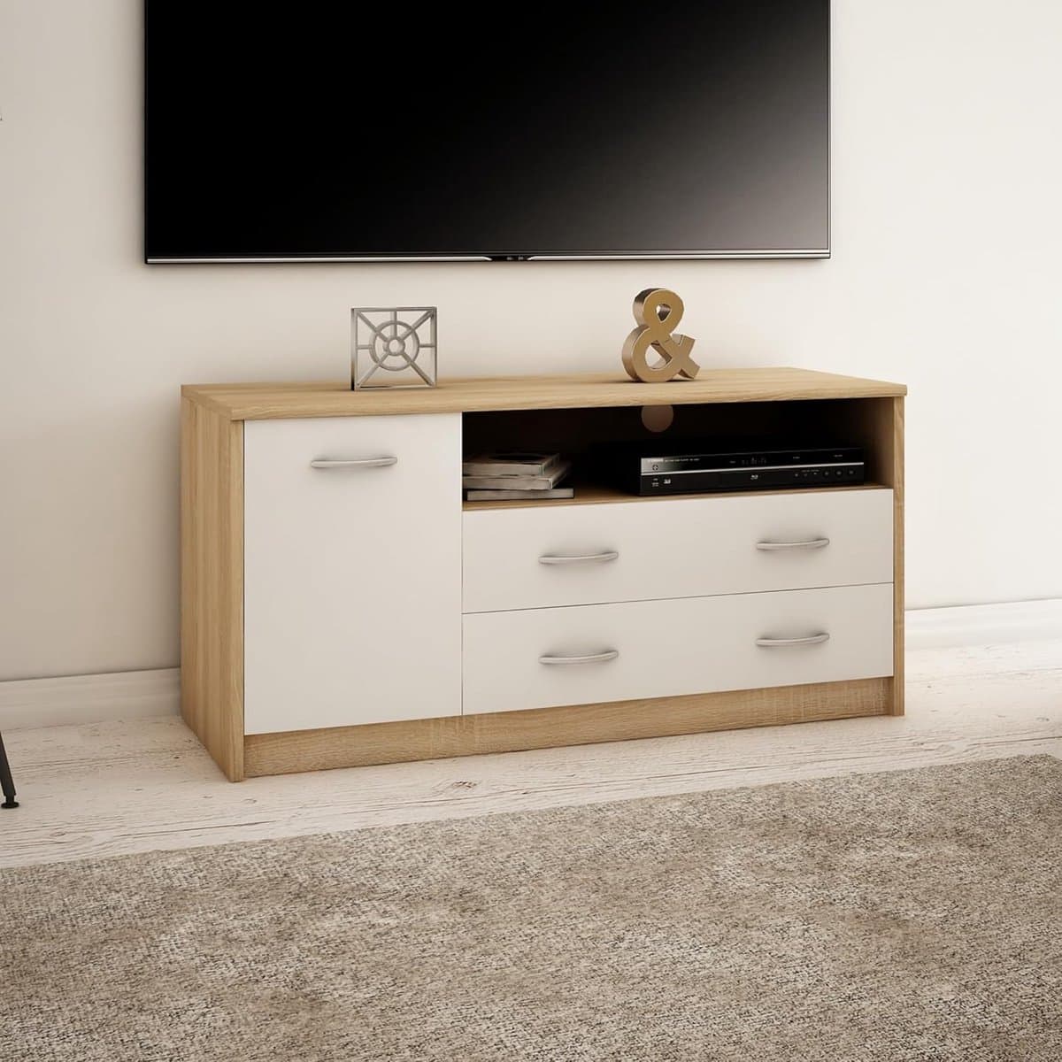 Tv-kast - Lowboard televisietafel - Woonkamer organiseren - Mat oppervlak - 110 cm breed - Wit eiken