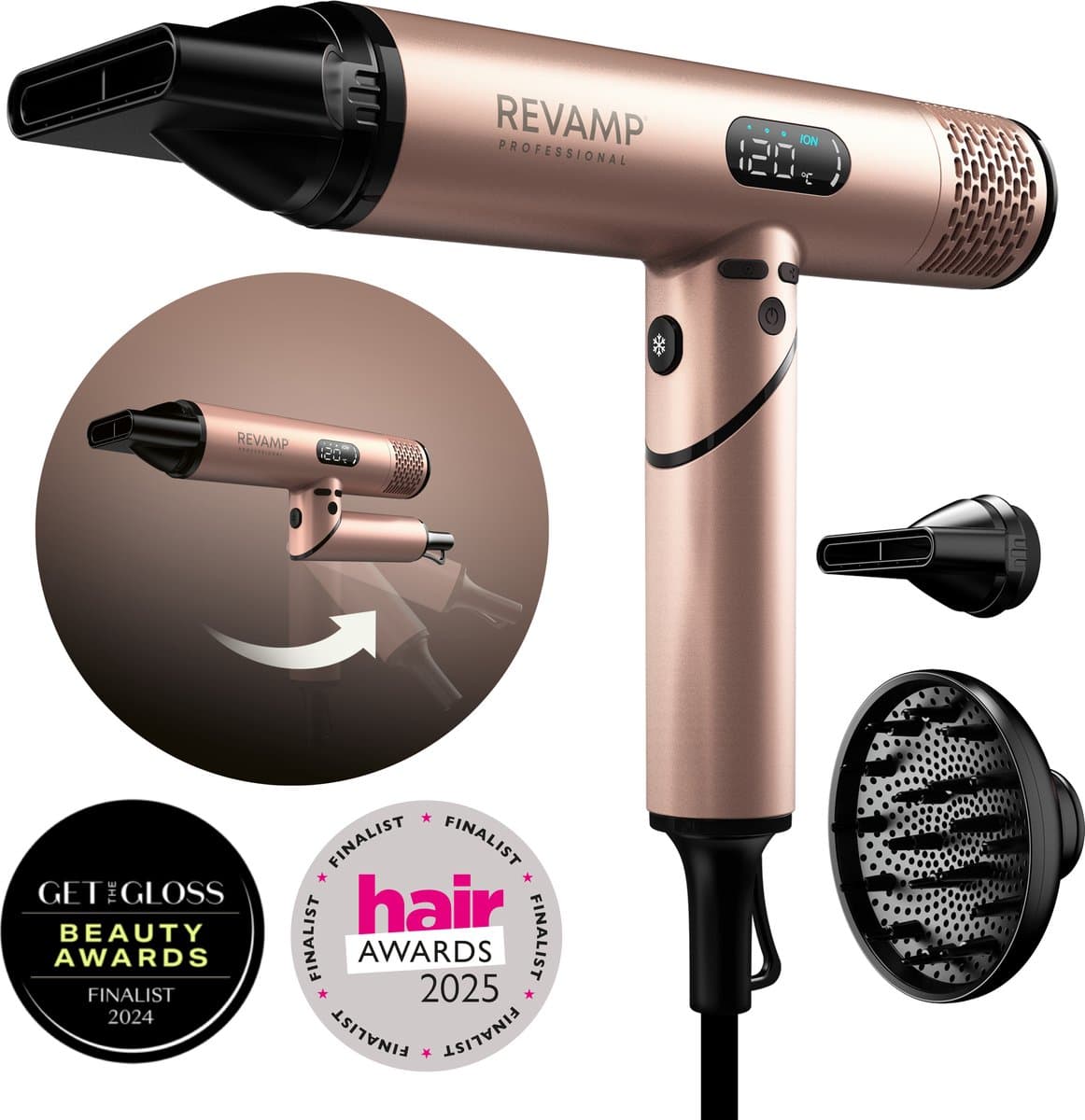 Revamp Fohn met Diffuser - Professionele Haardroger met 3 opzetstukken - Föhn - Haardroger met Diffuser - Krachtige Luchtstroom - LCD Display - Compact Design - Voor alle haartypes – DR6400