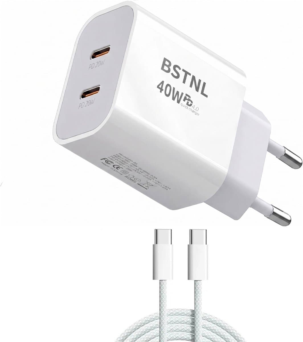 USB C Snellader 40W + 1x USB-C 65W Kabel 1M - Geschikt voor al jouw USB-C Apparaten - Oplader - Universeel - Fast Charger - Snellader - USB C Adapter - USB Stekker - Wit