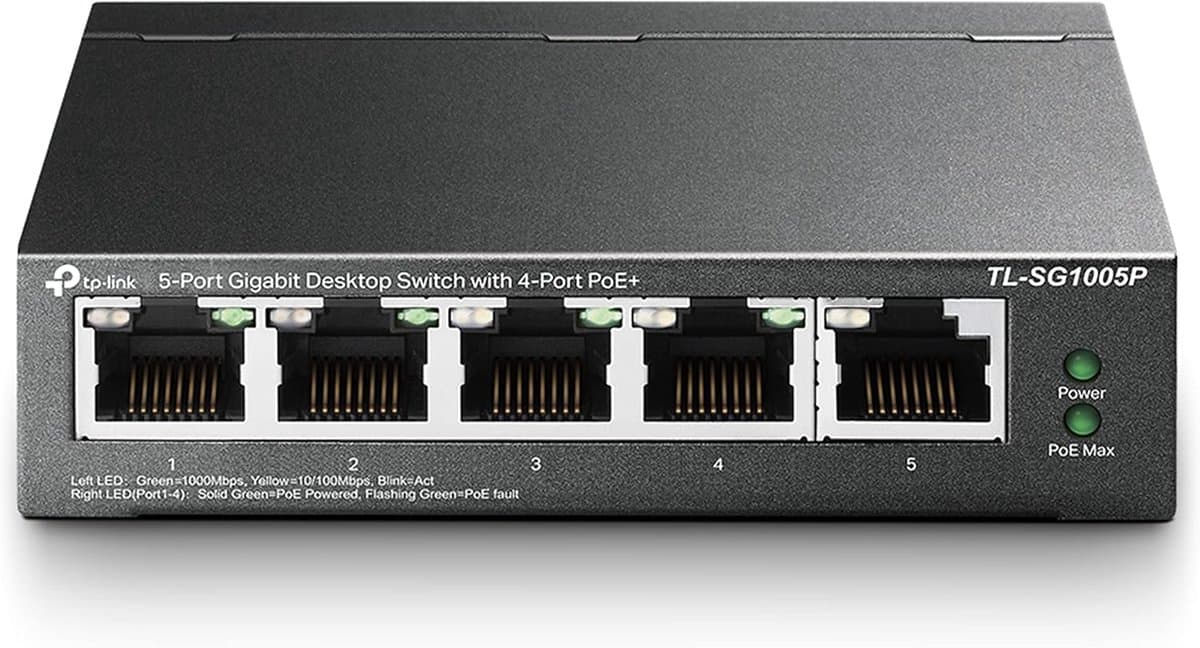 SnelShoppen - 5-Port Gigabit Poe Switch - 5 Poorten 10/100/1000 Mbit/S, 4 Poorten Poe Ondersteuning, Plug-And-Play, Metalen Behuizing voor Thuis en Ka