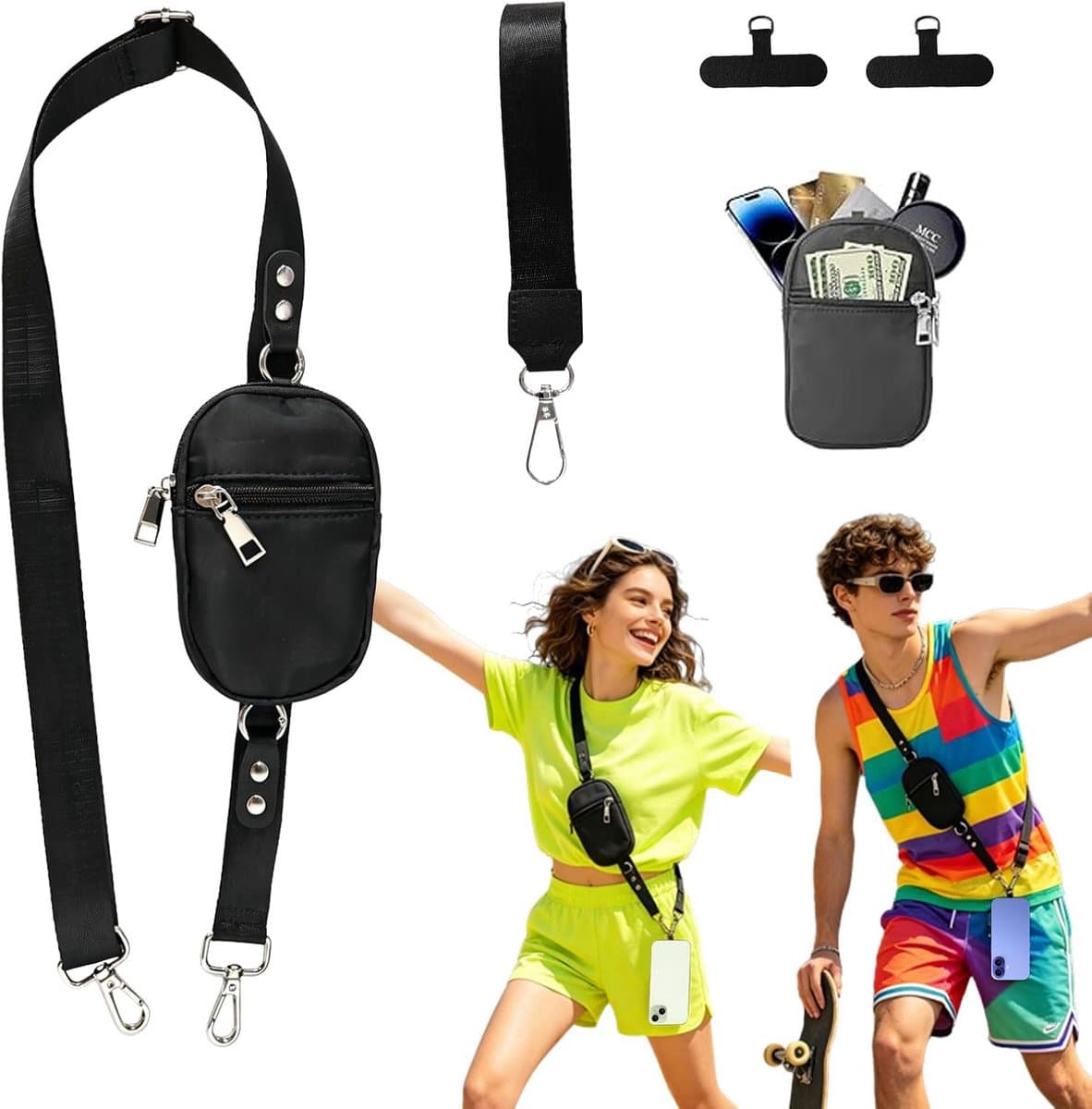 Thijox - 3-in-1 Telefoonkoortje Crossbody met Afneembare RFID-Portemonnee, Verstelbaar Anti-diefstal Telefoonkoord, Duurzaam Nylon, Universeel Gebruik
