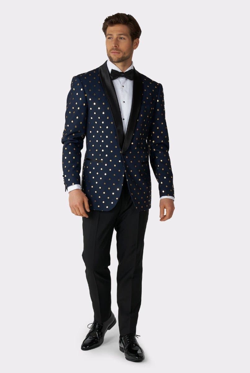 OppoSuits Goldy Dots - Heren Tuxedo Smoking met Vlinderdas - Chique -Donkerblauw- Maat EU 58