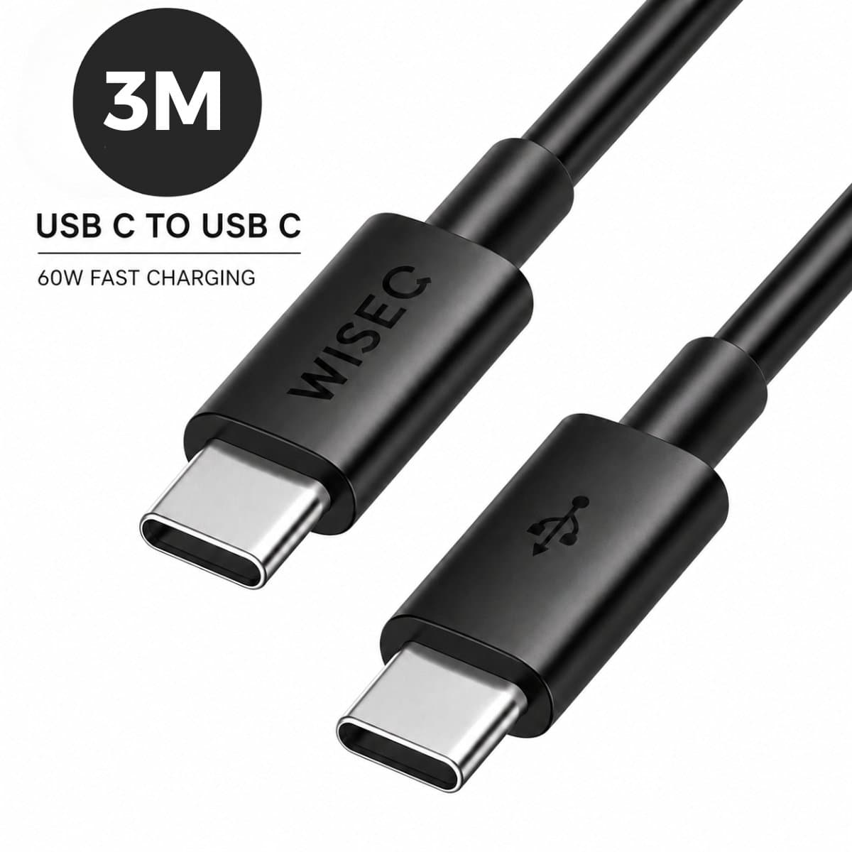 WiseQ USB C Kabel - 3 Meter USB C oplaadKabel - Geschikt voor alle toestellen Fast Charge Datakabel - Zwart
