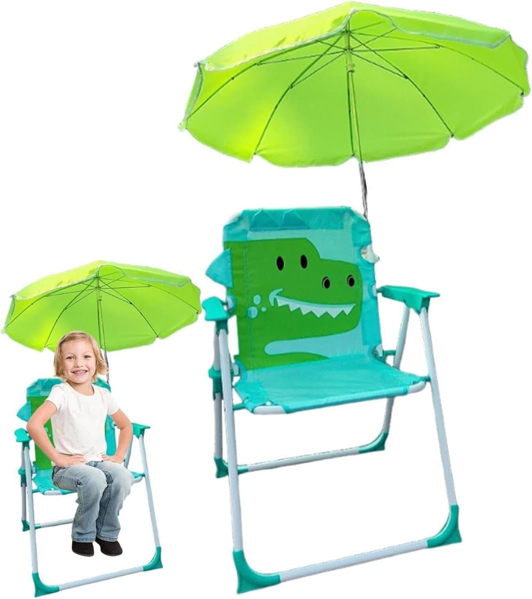 Kinderstrandstoel met paraplu - Opvouwbare stoel - Buiten spelen - Lichtgewicht en stevig - 38x52 cm - Krokodil