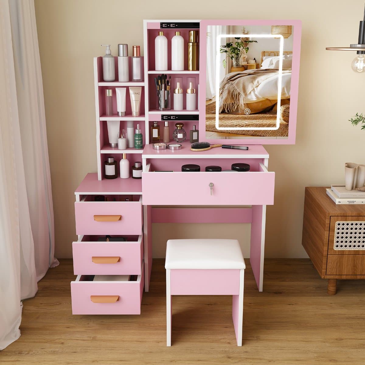 Sweiko Kaptafel – Inclusief bekleed krukje – Spiegel – Verstelbare LED-verlichting – 4 lades – Roze