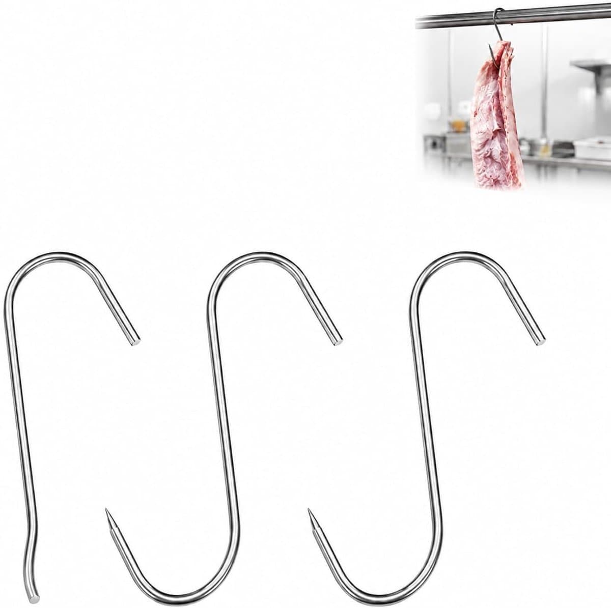 S-haken, scherpe vleeshaken, ophanghaken, keuken, slagerhaken om op te hangen, rookhaken voor barbecue, bakken, vleesverwerking