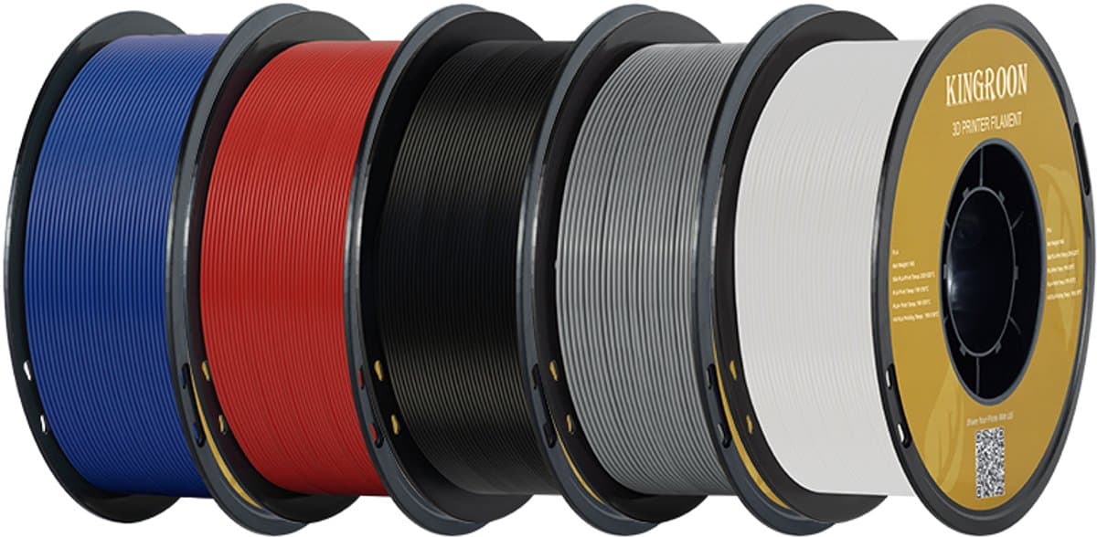KINGROON Kleurenassortiment PETG Filament 1,75 mm – 5 kg – 5 Rollen van 1 kg – Rood, Donkerblauw, Zwart, Wit & Grijs – 3D Printer Filament
