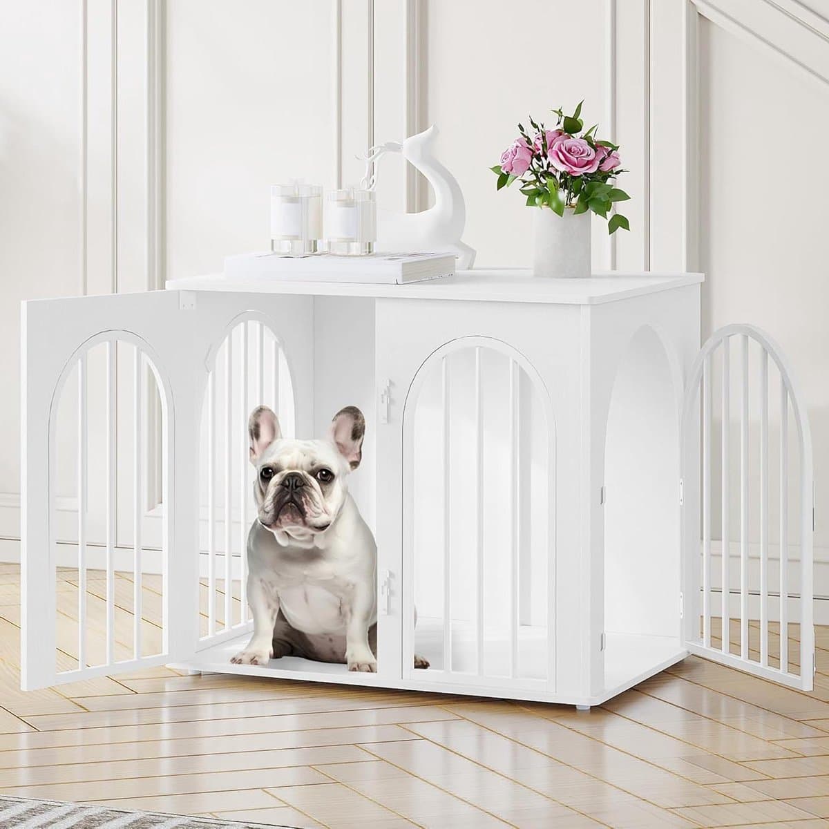 Hondenbench Meubel - Hondenbox Binnen - Veilig Verblijf - Boogvormige Deur - 68 x 48 x 56 cm - Wit