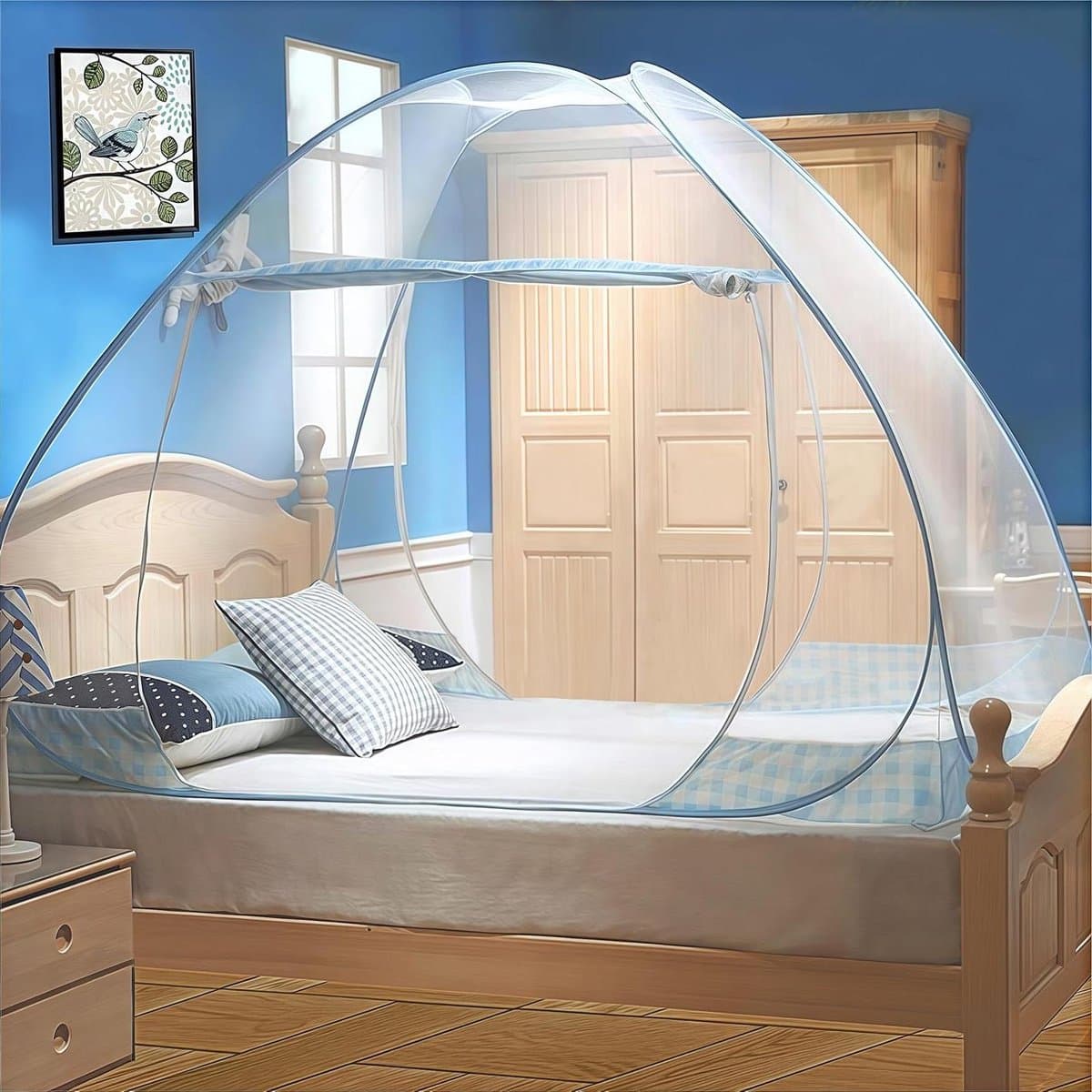 Pop-up Klamboe - Muggennet Bed - Slaap Rustig - Dubbele Deuren - 120x200 cm - Blauw Rand