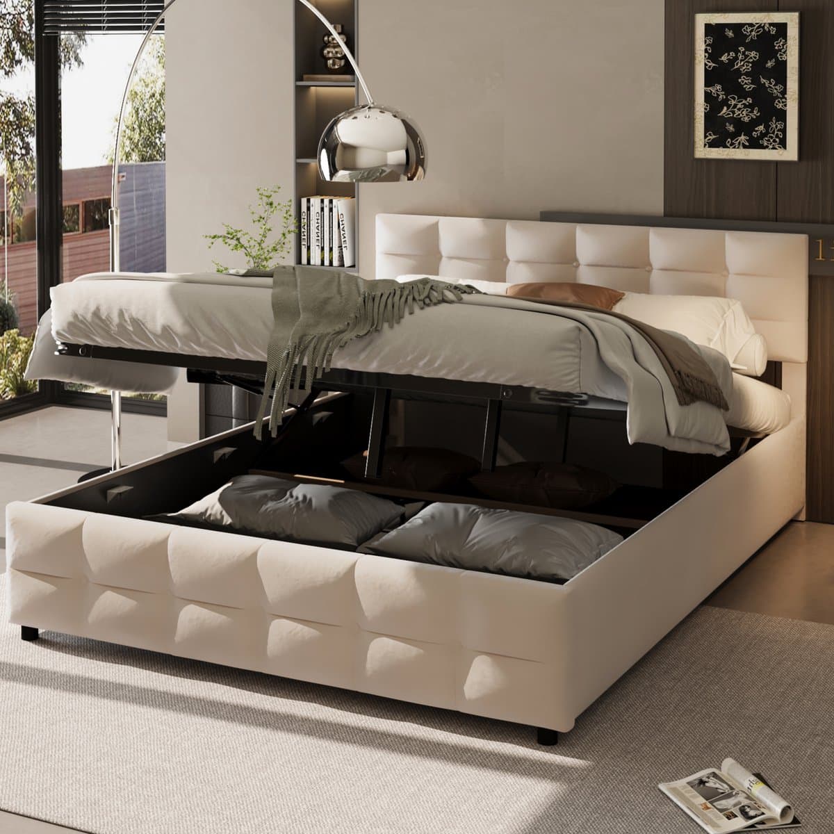 OKWISH Gestoffeerd bed 180x200 cm - Tweepersoonsbed met Tasvering & Hydraulische Lift - Voor Studenten/Kleine Appartementen - Velours - Beige - Zonder Matras