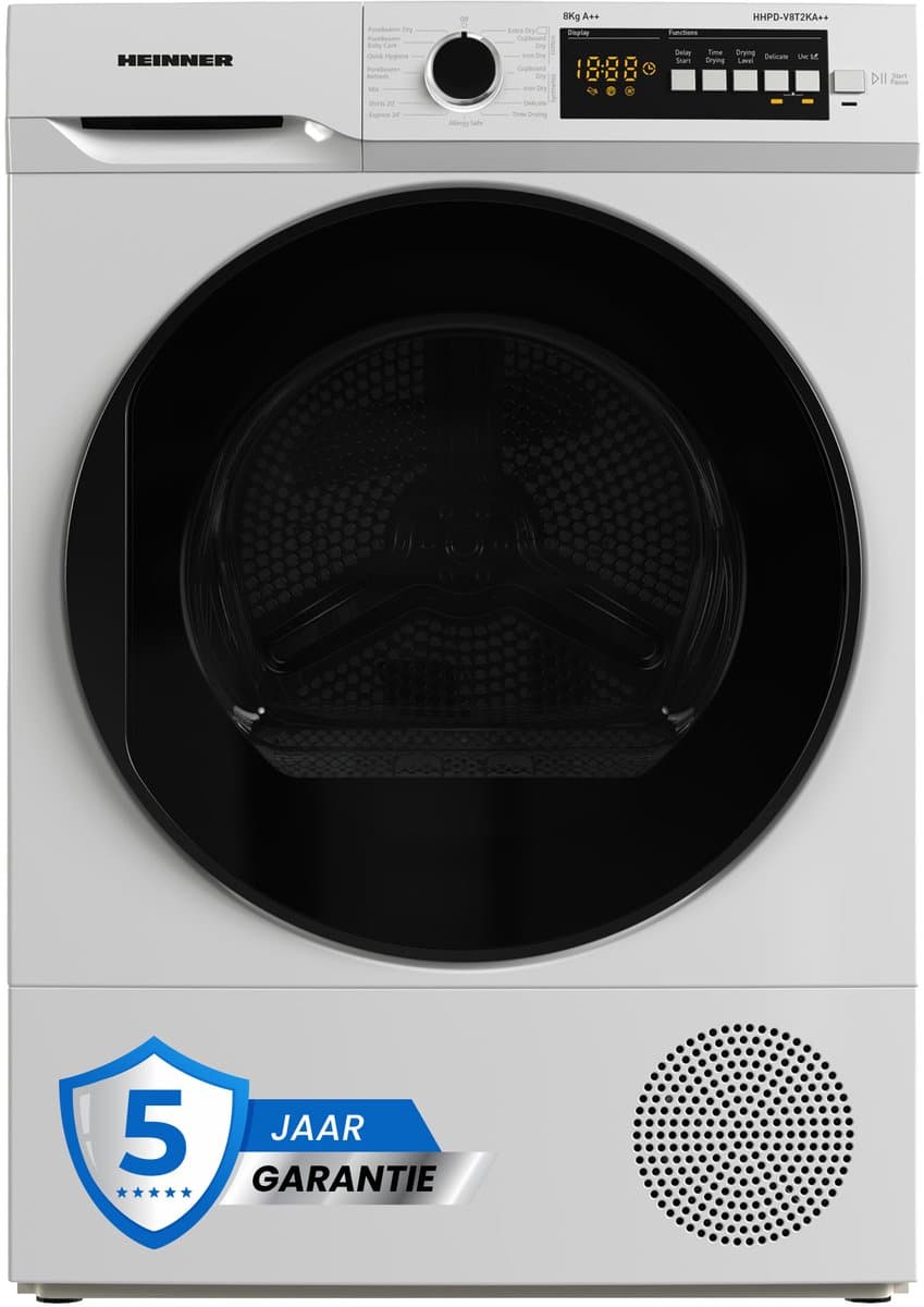 Heinner HHPD-V8T2KA++ Warmtepompdroger – 8 kg – 15 Programma’s – Digitaal Display – PureBeam+ Trommelverlichting – Omkeerbare Deur – Wit – 5 Jaar Garantie