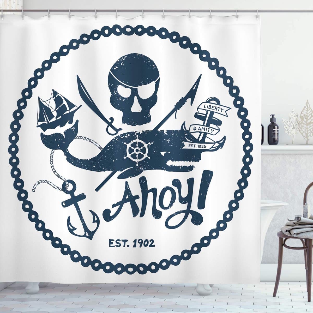 ABAKUHAUS Douchegordijn Nautisch Piraten-Schedel – 175x200 cm – Donkerblauw/Wit