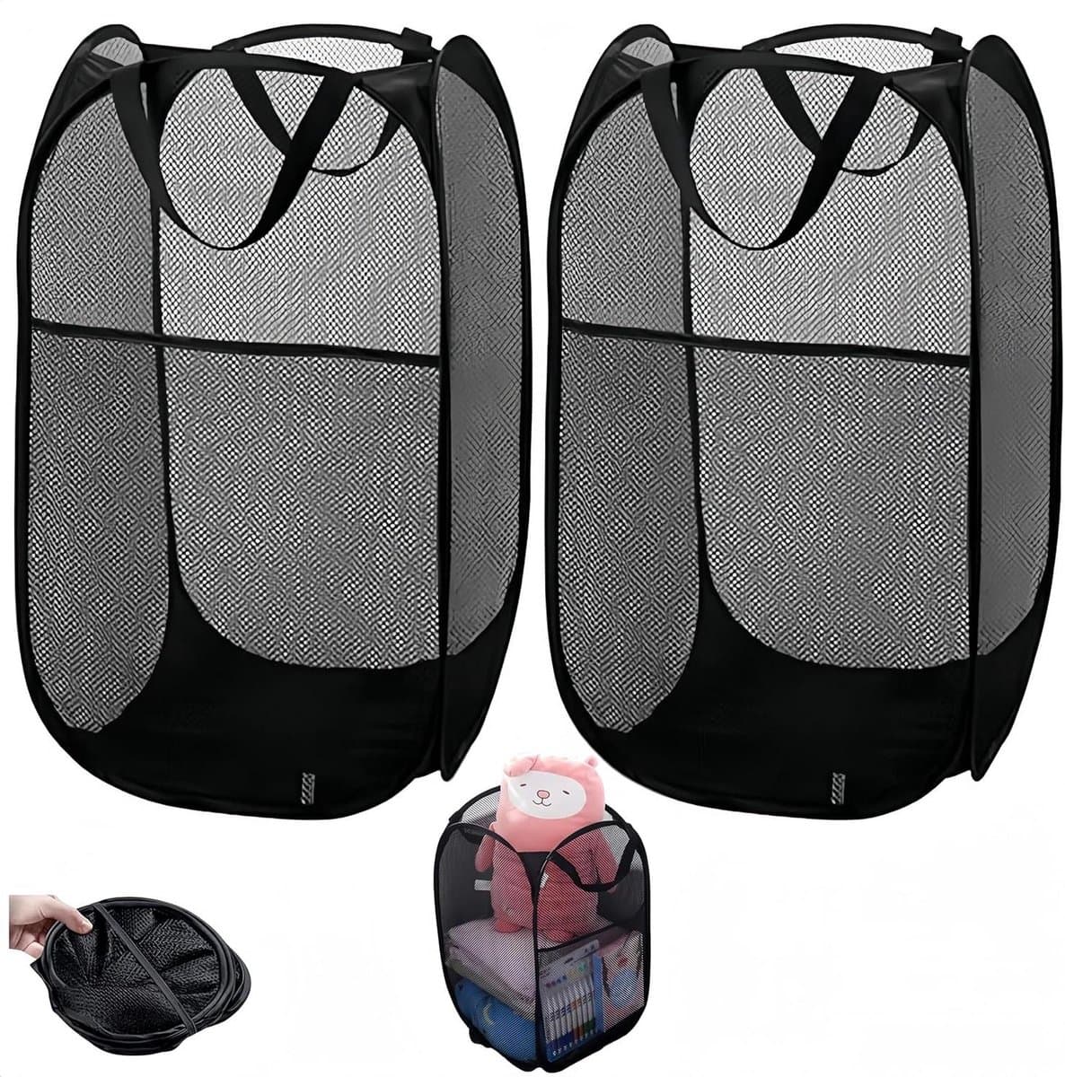 Allecta - Set van 2 Opvouwbare Zwarte Wasmanden met Handvat - Draagbare Opbergmand van Mesh - Inklapbare Pop-Up Wasmanden met 3 Zakken.