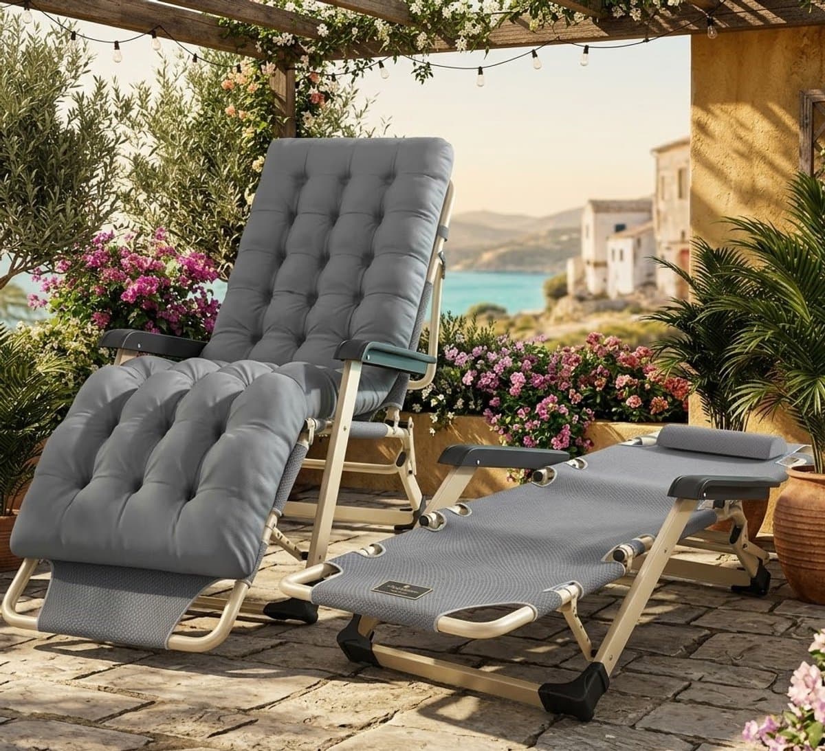 ComfortRelax Pro Opvouwbare Ligstoel met Kussen en Verstelbare Rugleuning 178 x 68 x 25 cm Belastbaar tot 260 kg Tuin Ligbed Balkon Camping Stoel Grijs