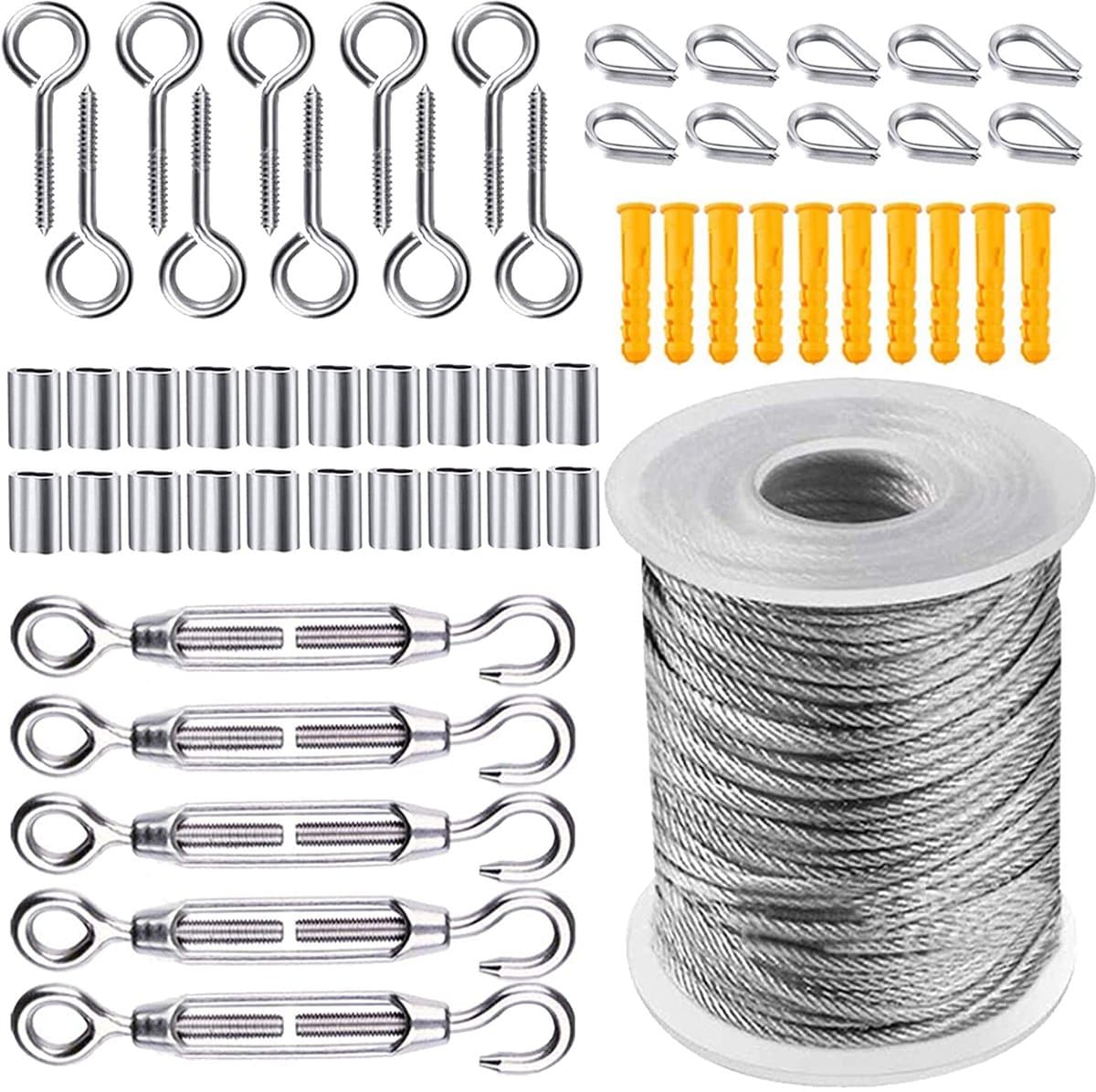 QTTVBTNA Staalkabel Set 30 m – Bevestigingsset Schaduwdoek – RVS Inclusief Spanners & Bevestigingsaccessoires – Voor Waslijn, Tuin & Verlichting