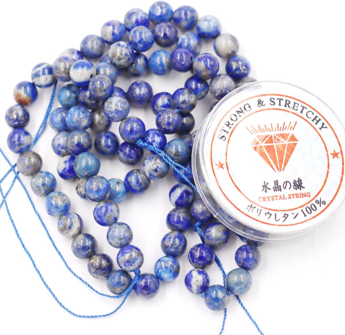 Fukugems kralen met rekkoord voor het maken van sieraden Losse stenen kralen voor doe-het-zelf Energiestenen helende armband 6 mm = 128 stuks en 1 rol koord Lapis Lazuli A 6 mm
