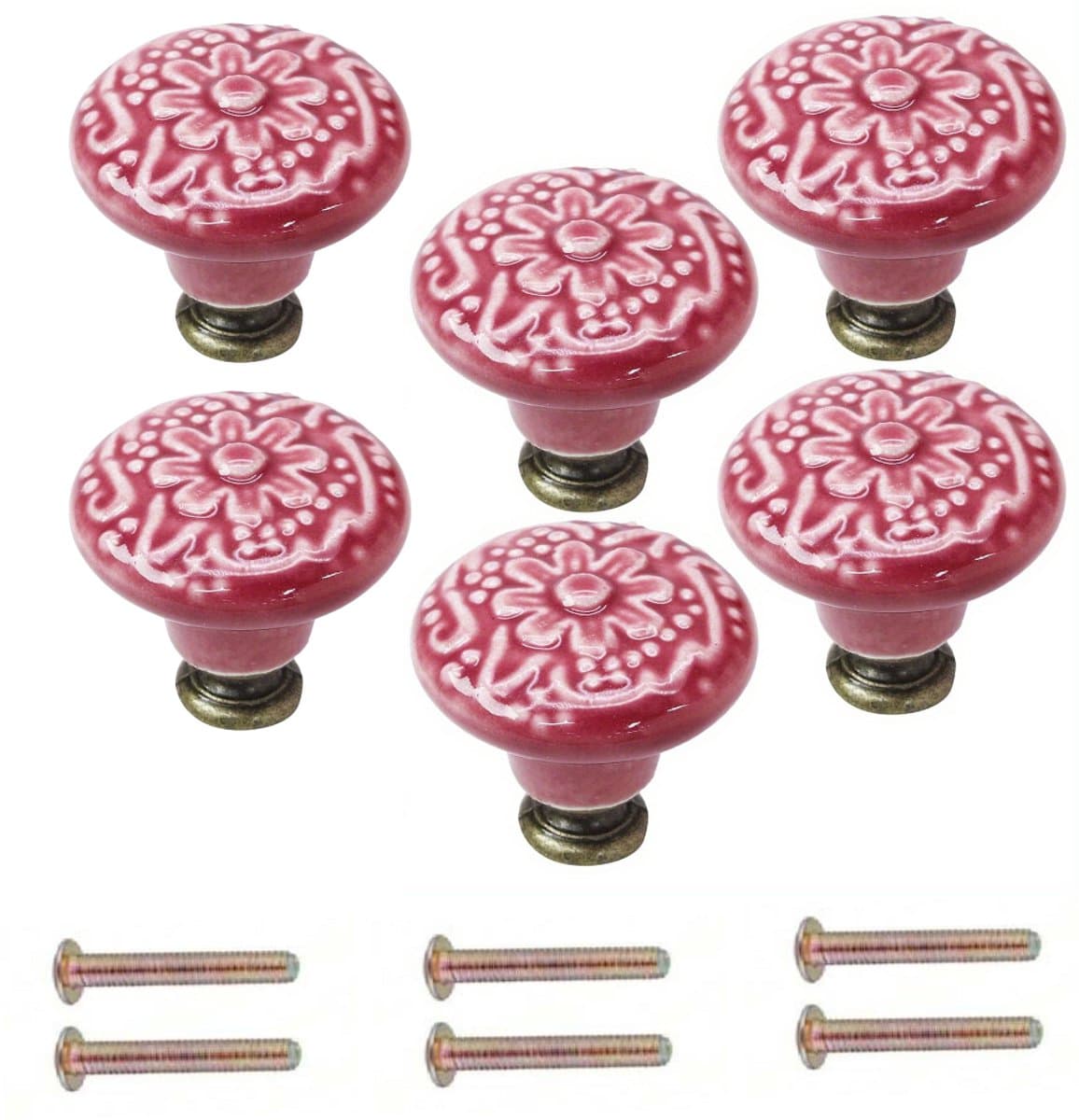 Meubelknoppen Set Roze Keramiek Rond met Bloem - 6x Kastknop met schroef - Vintage/Antiek handgreep voor deur en lade