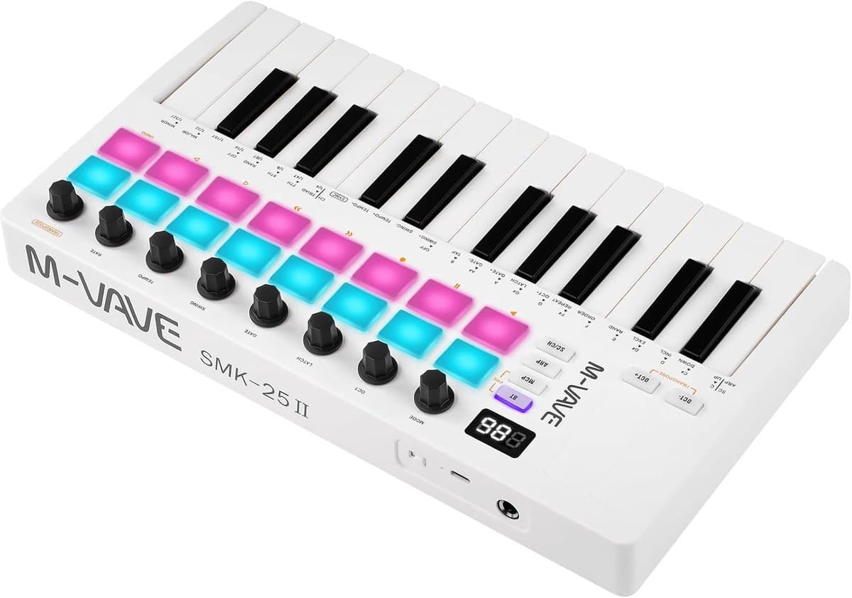 MIDI Controller voor Muziekproductie - Verbeterd MIDI Keyboard - Draagbaar Oplaadbaar Arranger Keyboard - RGB Pad - SMK-25II - Wit - Ingebouwde Accu